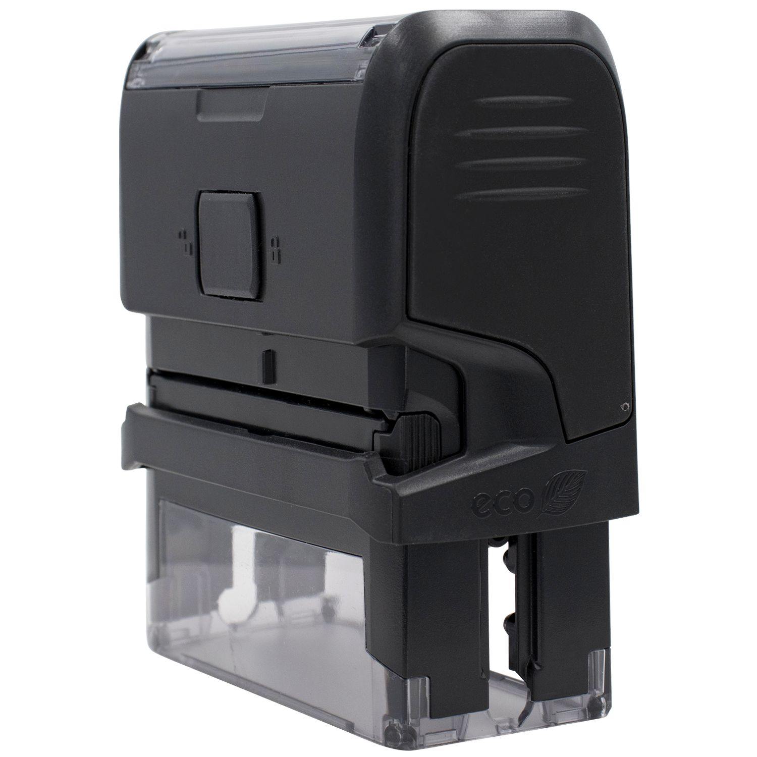 Image of a black Self Inking Bold Recibido Stamp with a transparent base, shown from a side angle on a white background.