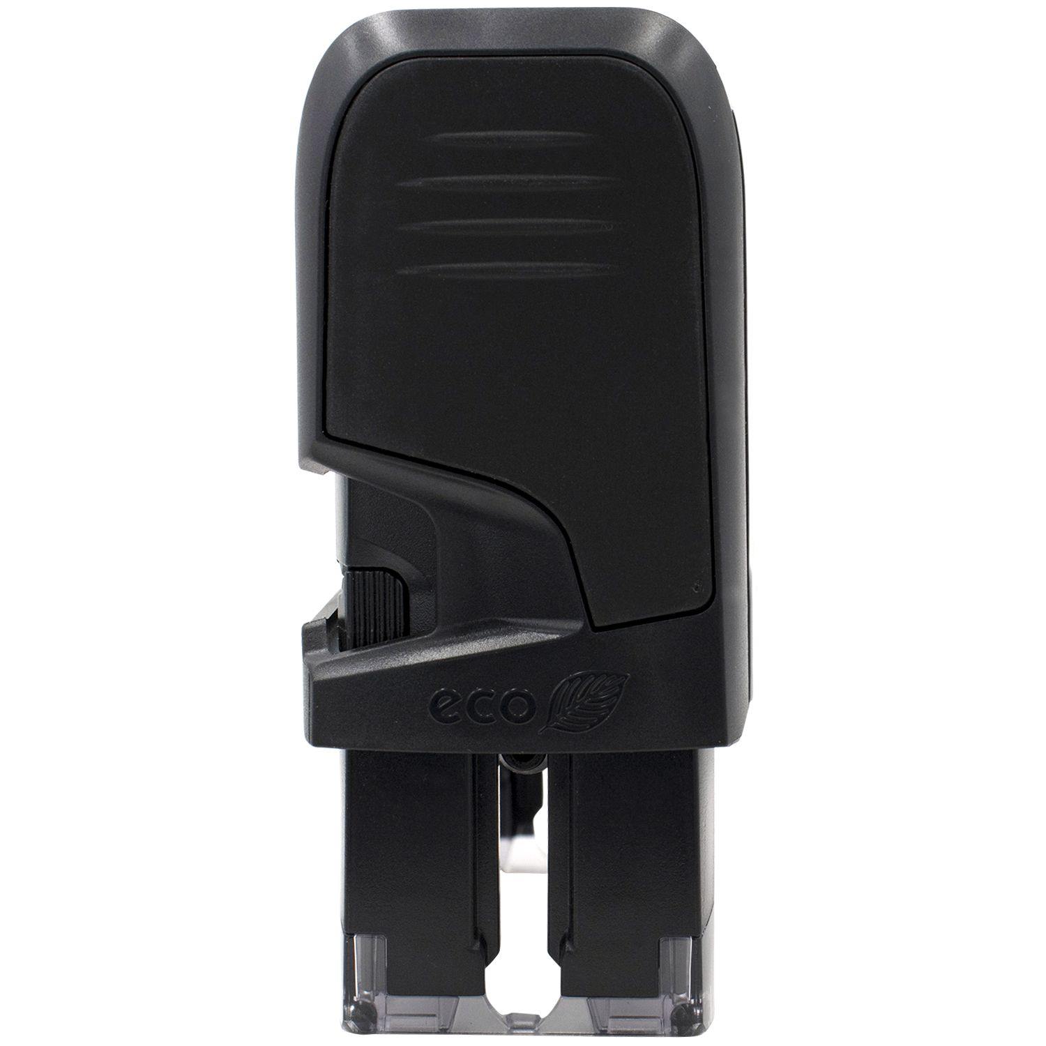 Black Self Inking Contestado Stamp with eco-friendly design, standing upright on a white background.