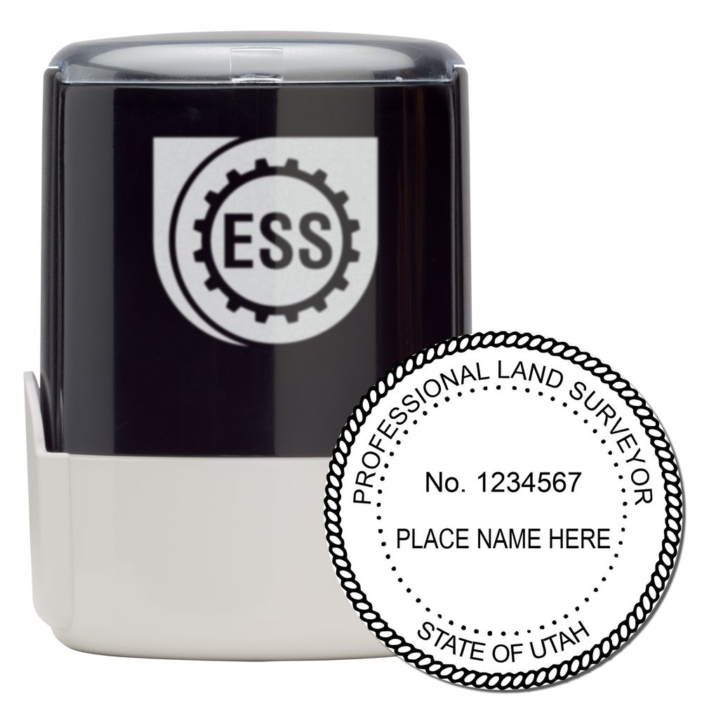 Self Inking Utah Land Surveyor Stamp with a black and white design, featuring a circular imprint for professional land surveyors in Utah.