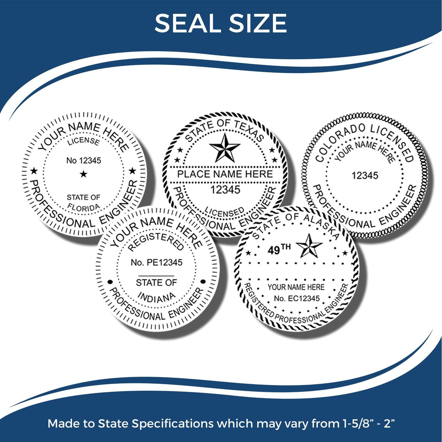 Image showing five circular seals for different states with the text Professional Engineer and state-specific details. The product name Professional Engineer Soft Seal Embosser is displayed prominently.