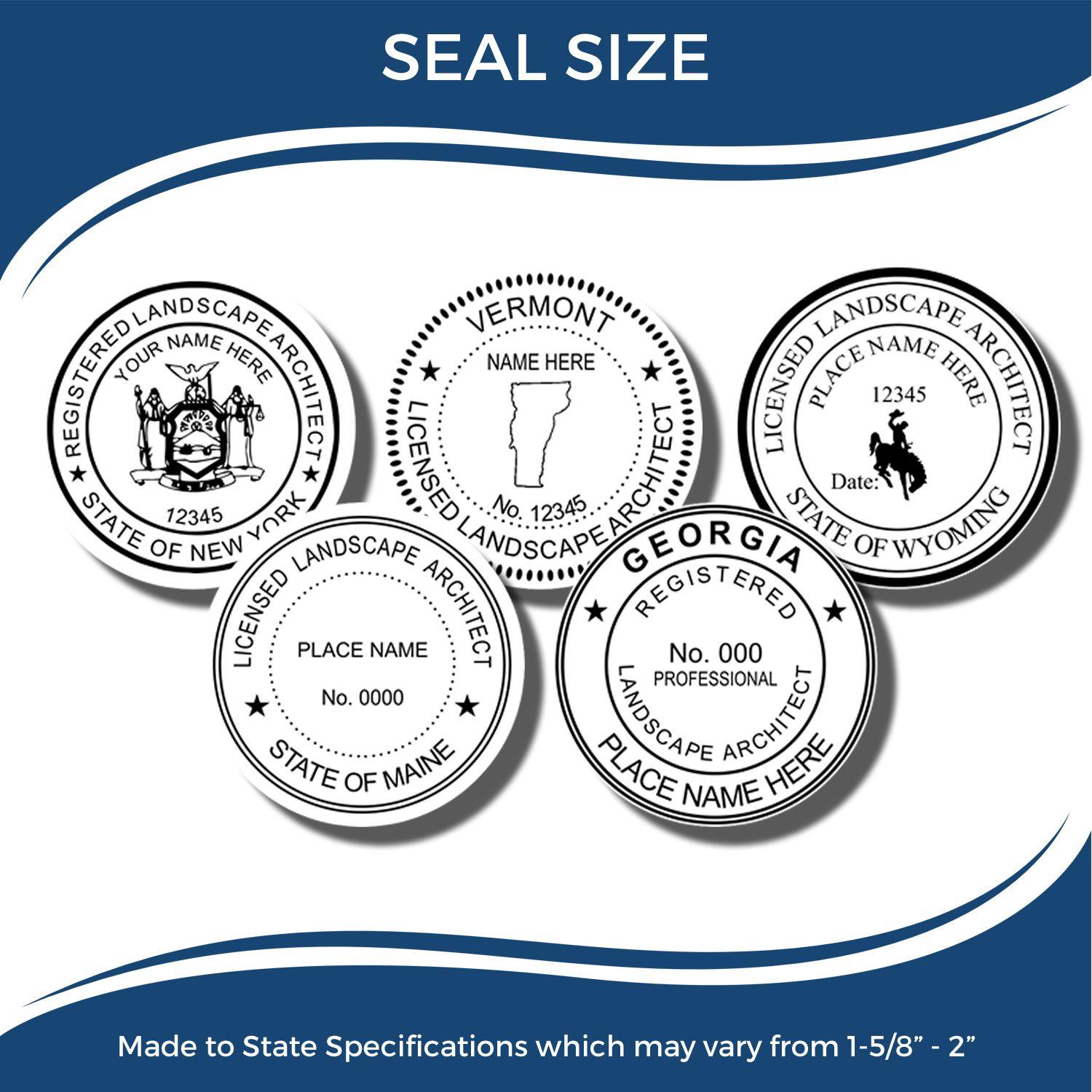 Image showing various designs of the Landscape Architect Black Gift Seal Embosser, made to state specifications, with different state names and details.