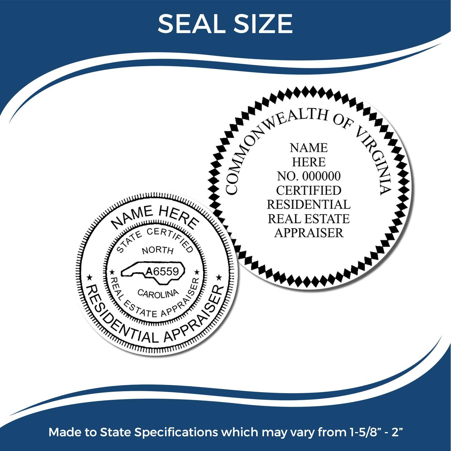 Image showing two seals for a Real Estate Appraiser Soft Seal Embosser, one for North Carolina and one for Virginia, with customizable text.