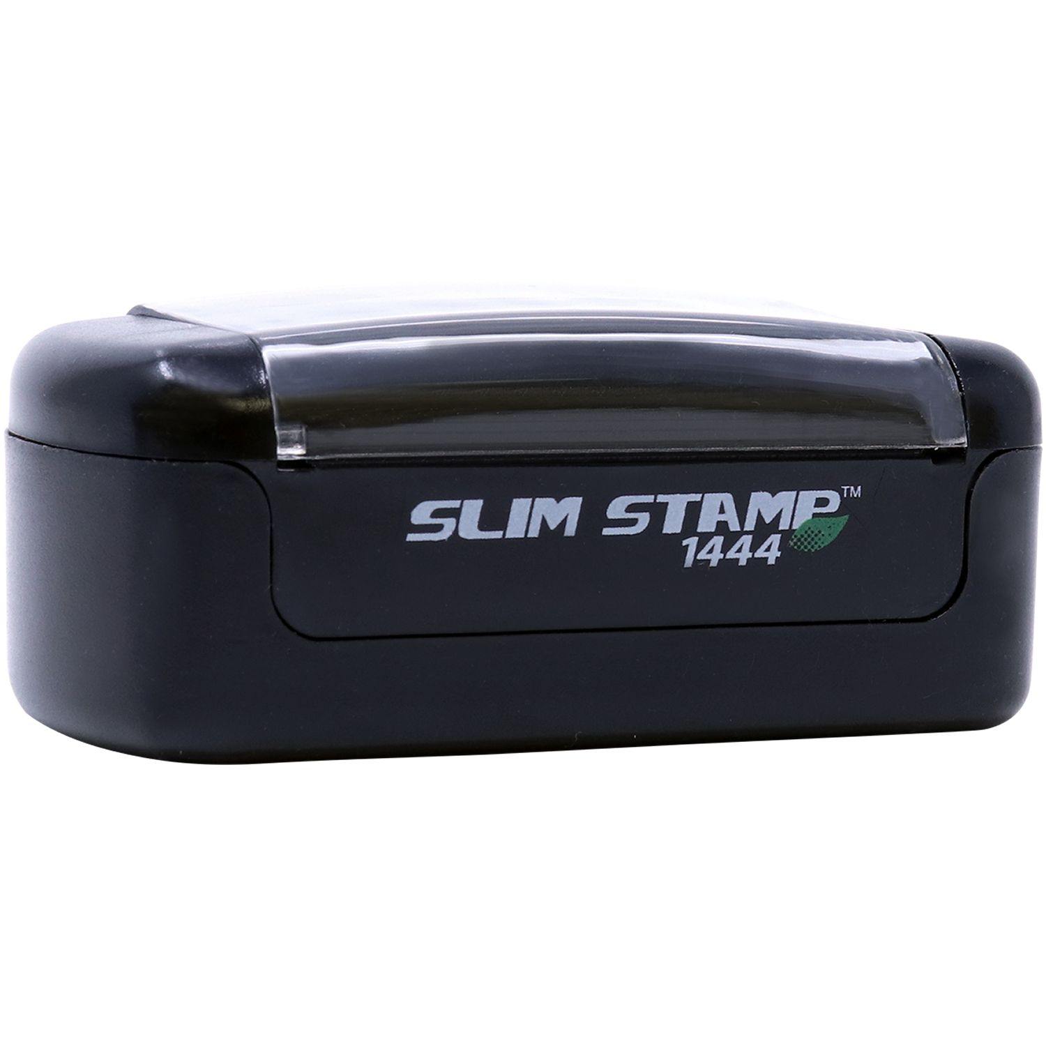 Slim Pre-Inked First Class Stamp, black rectangular casing with a transparent lid, labeled Slim Stamp 1444 in white text.