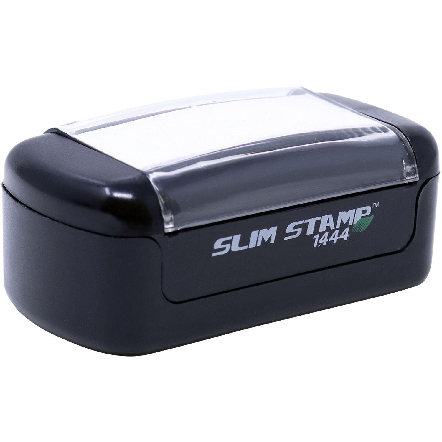 Slim Pre-Inked Hold Notice Stamp, black casing, compact design, with Slim Stamp 1444 text on the side, angled view.