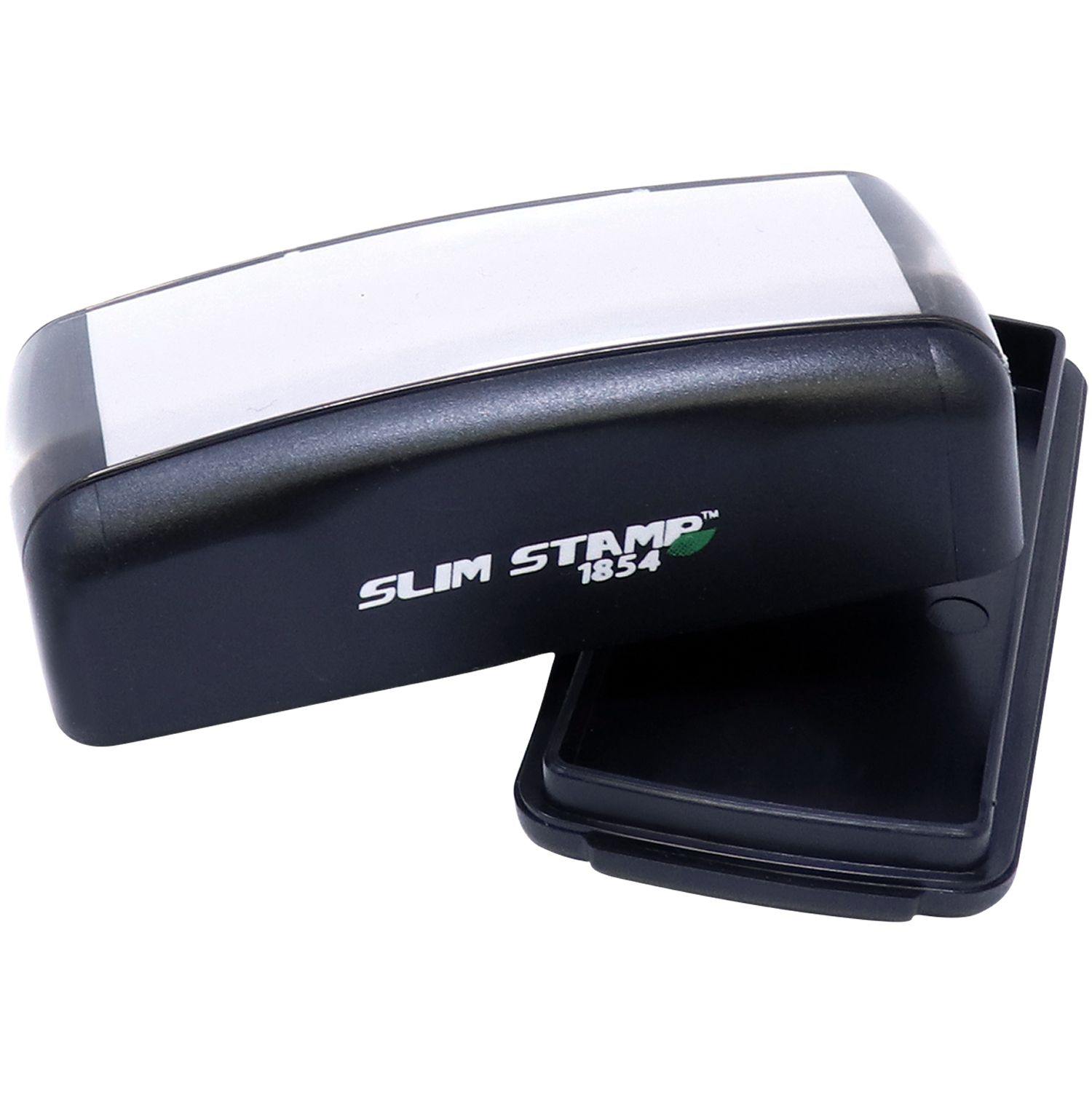 Large Pre-Inked Global Express Guaranteed Stamp, black with a white label, shown with its lid off, displaying the ink pad.