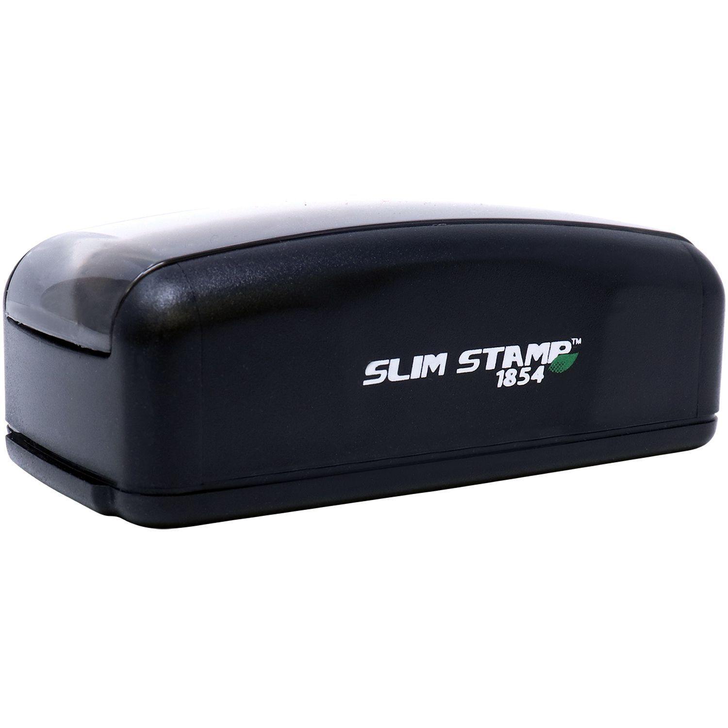 Large Pre-Inked Super Homework Stamp in black, featuring a compact design with Slim Stamp 1854 printed on the side.