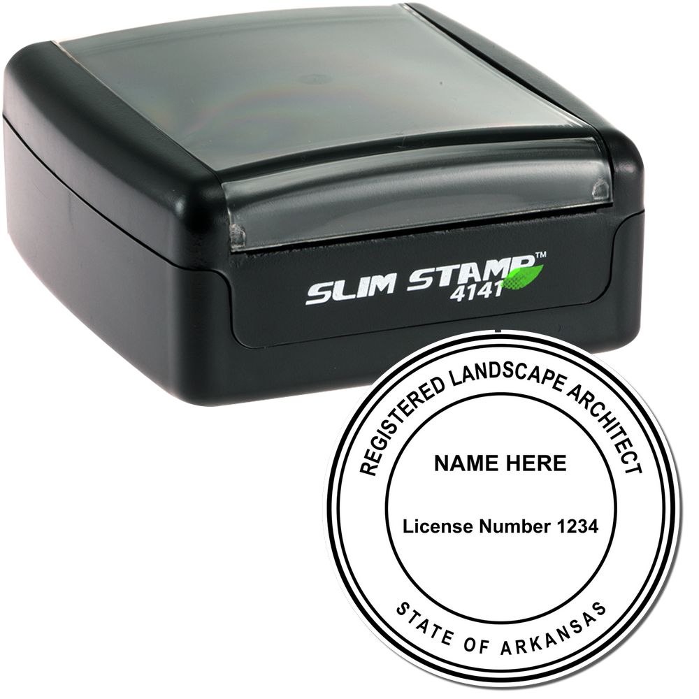 The main image for the Slim Pre-Inked Arkansas Landscape Architect Seal Stamp depicting a sample of the imprint and electronic files