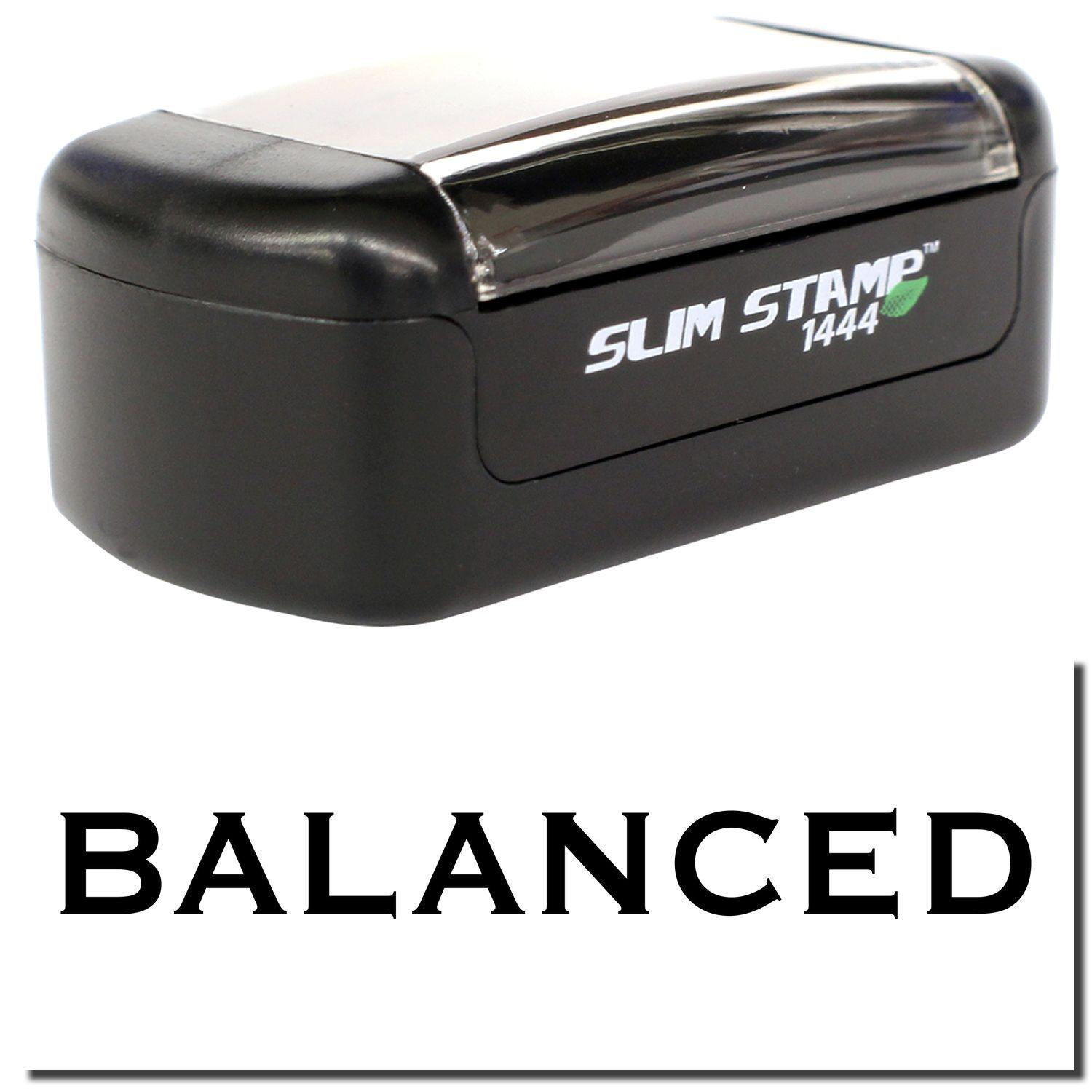 A stock office pre-inked stamp with a stamped image showing how the text BALANCED is displayed after stamping.