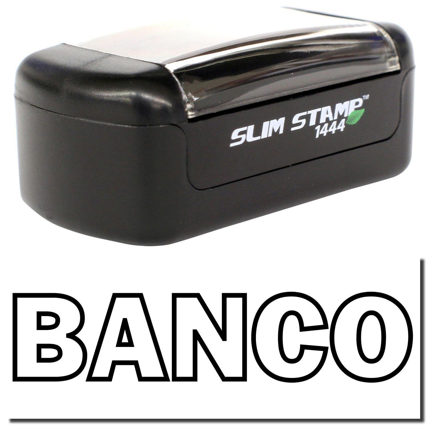 A stock office pre-inked stamp with a stamped image showing how the text BANCO in an outline font is displayed after stamping.