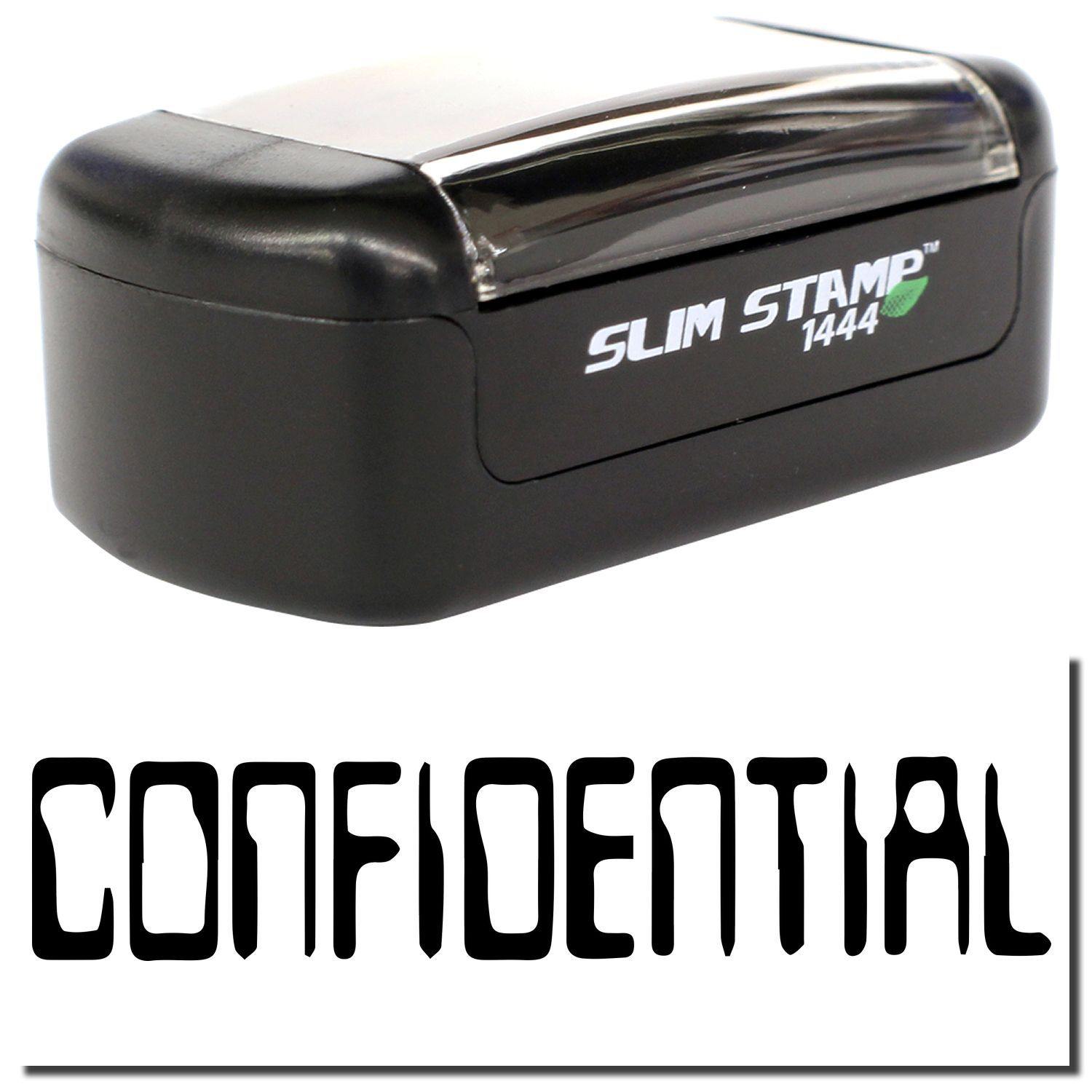 A stock office pre-inked stamp with a stamped image showing how the text CONFIDENTIAL in a barcode font is displayed after stamping.