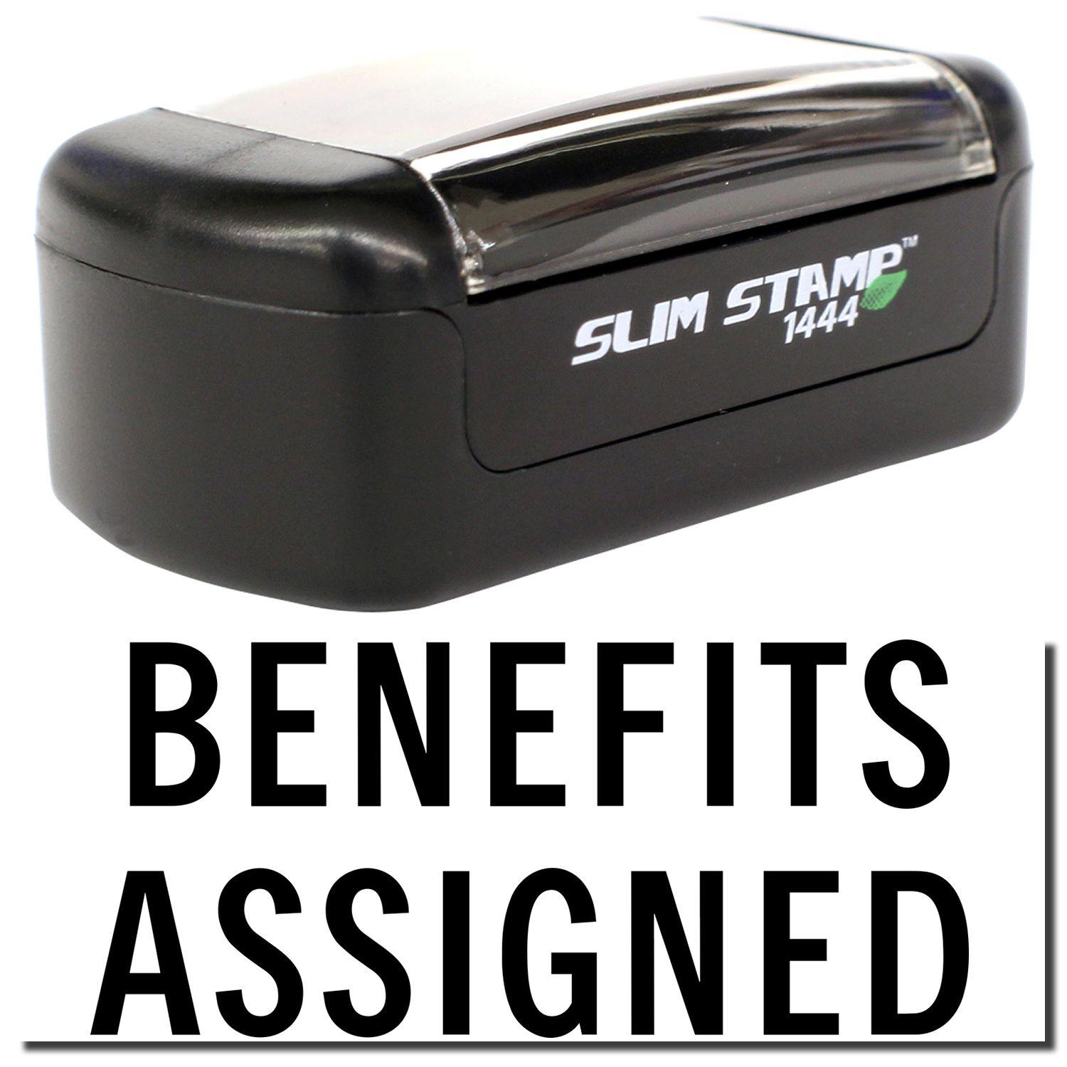 A stock office pre-inked stamp with a stamped image showing how the text BENEFITS ASSIGNED is displayed after stamping.