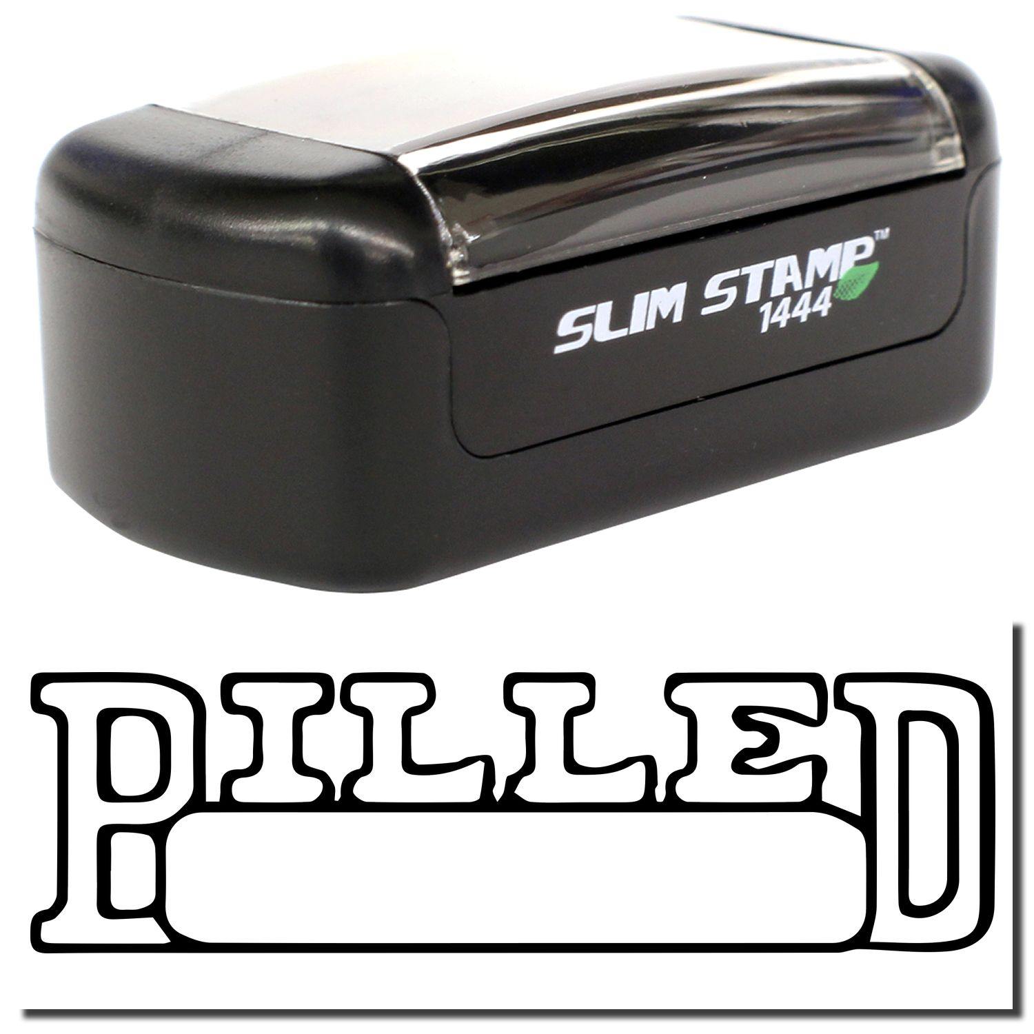 A stock office pre-inked stamp with a stamped image showing how the text BILLED in an outline font with a date box is displayed after stamping.