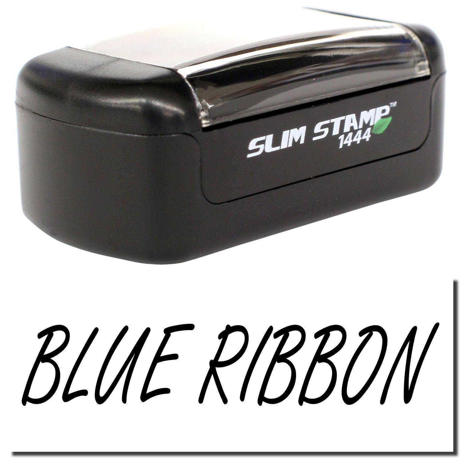 A stock office pre-inked stamp with a stamped image showing how the text BLUE RIBBON is displayed after stamping.