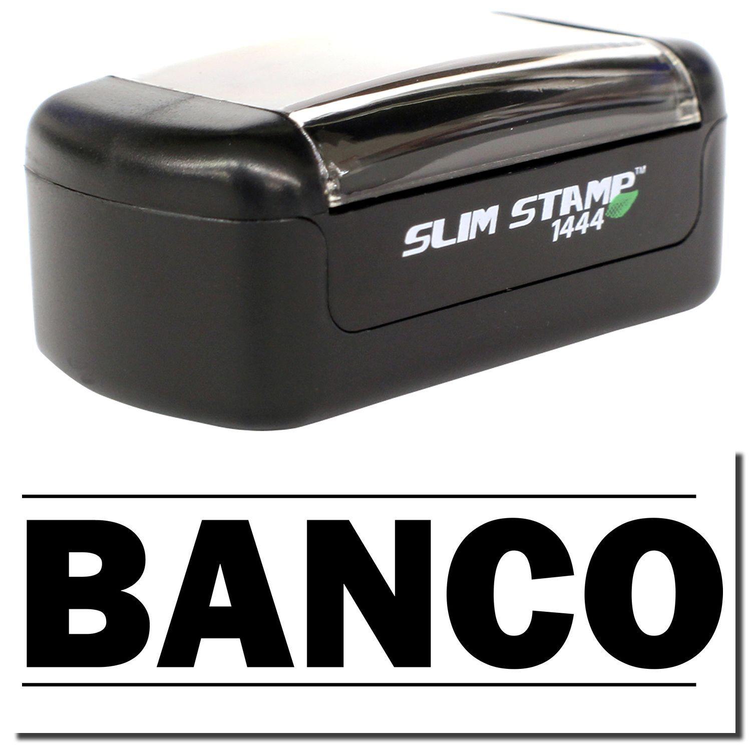 A stock office pre-inked stamp with a stamped image showing how the text BANCO in bold font with a line both above and below the text is displayed after stamping.