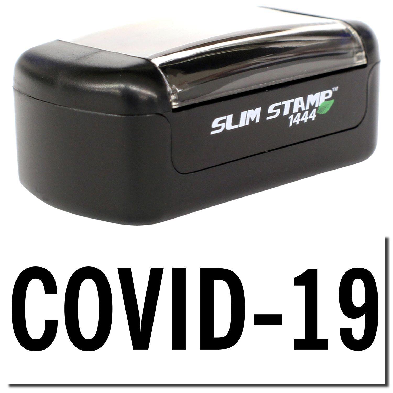 A stock office pre-inked stamp with a stamped image showing how the text COVID-19 in bold font is displayed after stamping.