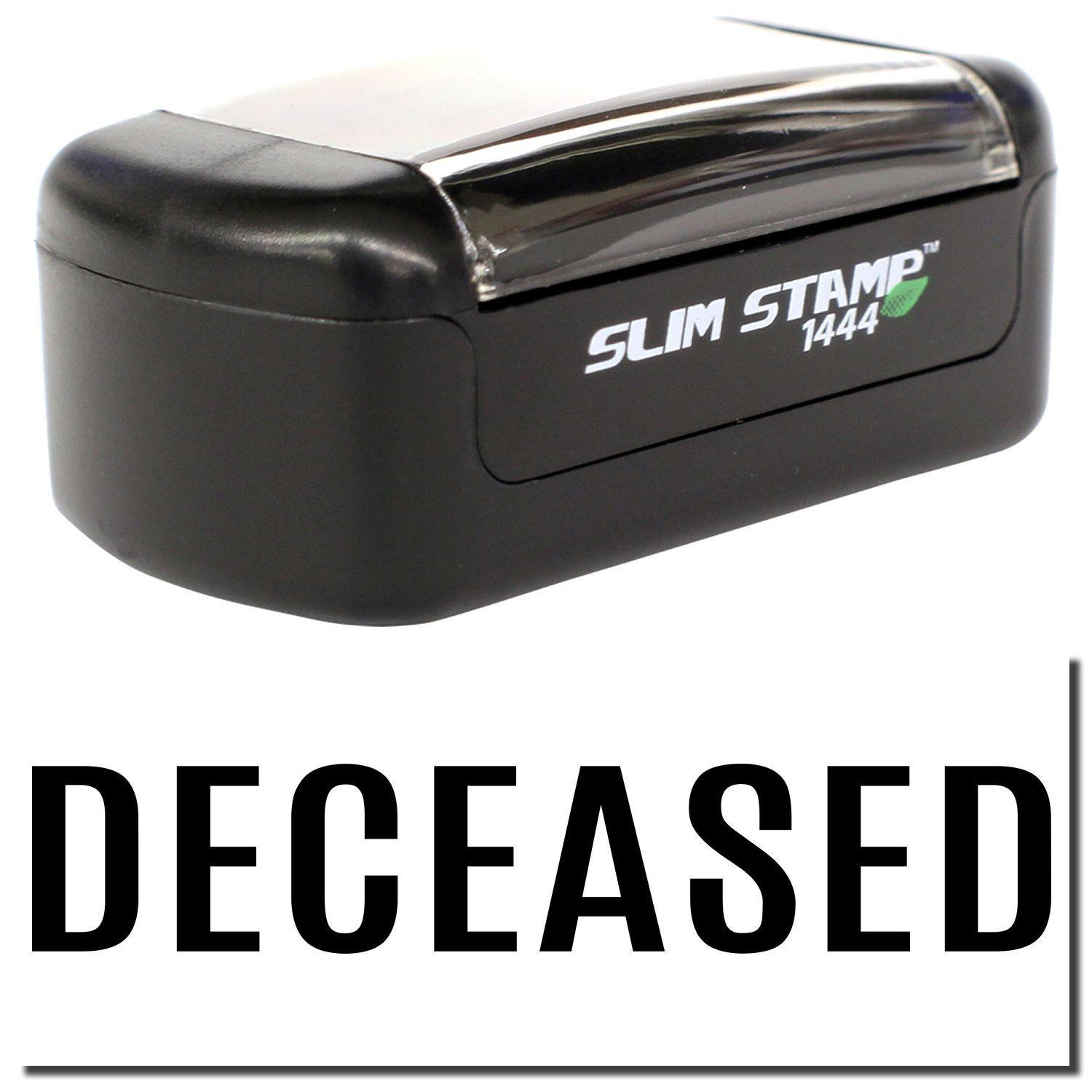 A stock office pre-inked stamp with a stamped image showing how the text DECEASED in bold font is displayed after stamping.