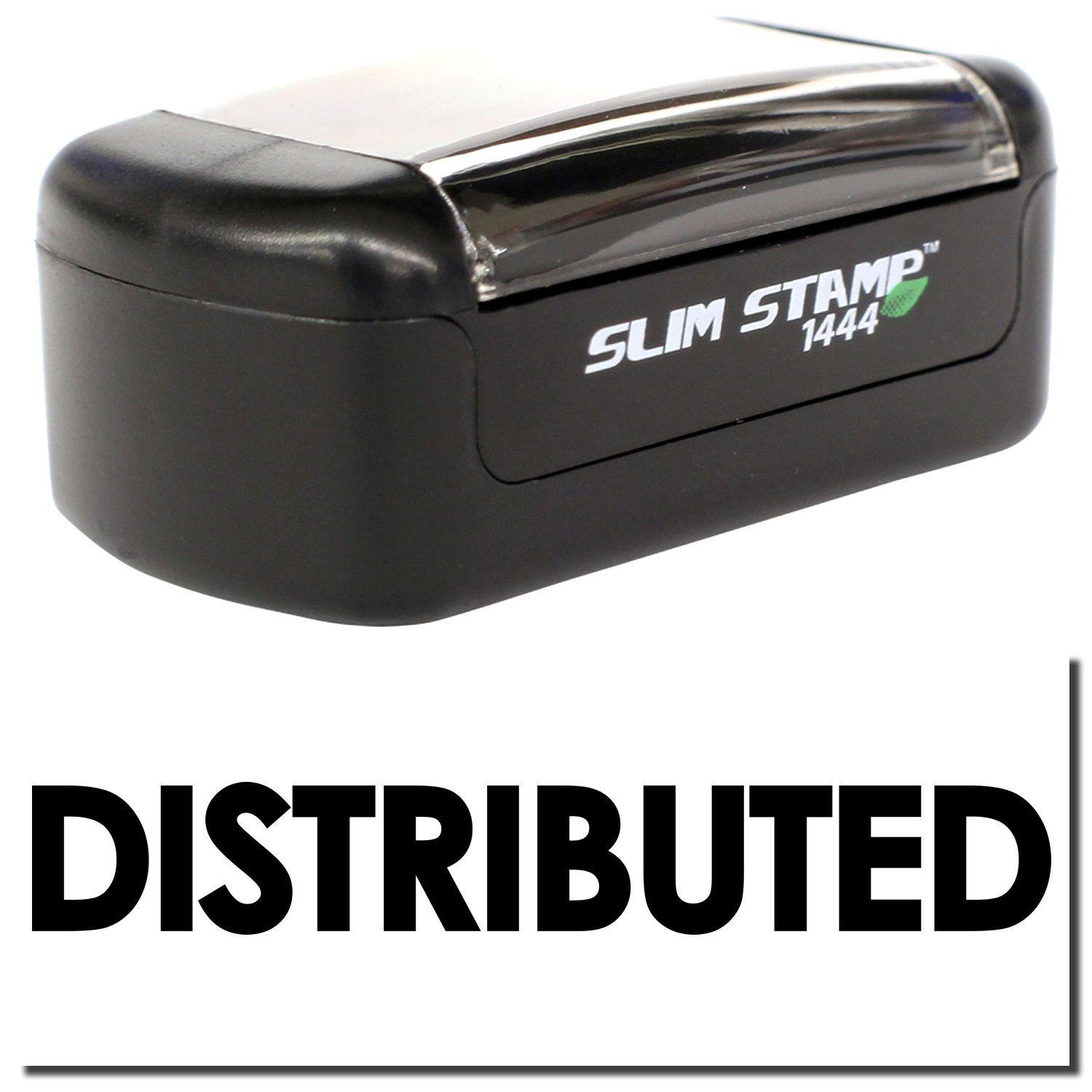 A stock office pre-inked stamp with a stamped image showing how the text DISTRIBUTED in bold font is displayed after stamping.