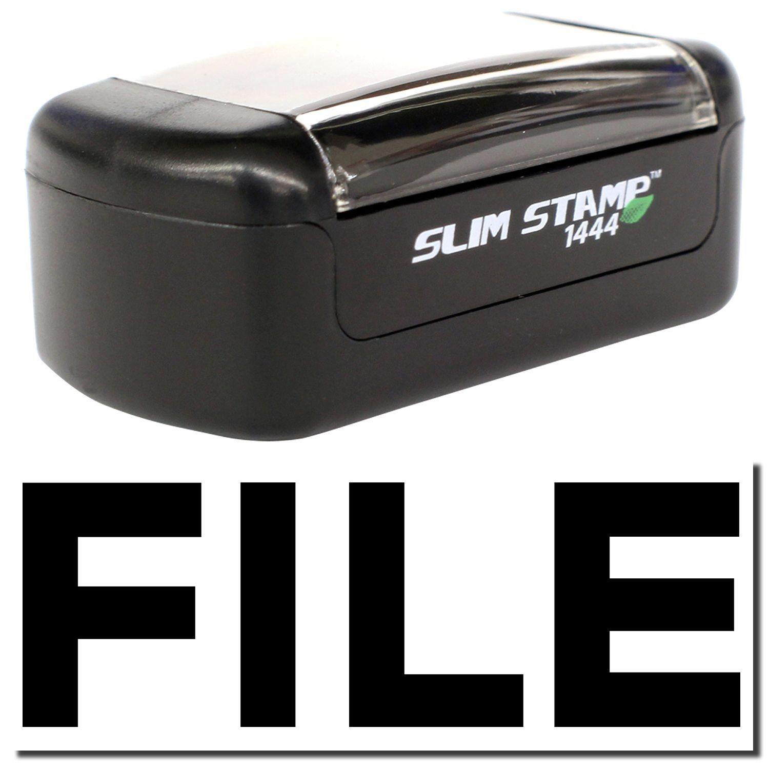 A stock office pre-inked stamp with a stamped image showing how the text FILE in bold font is displayed after stamping.