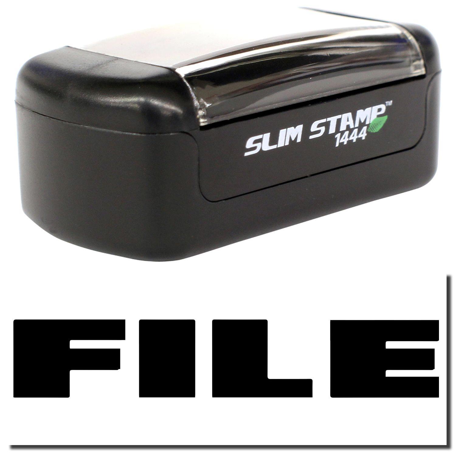 A stock office pre-inked stamp with a stamped image showing how the text "FILE" in bold font is displayed after stamping.