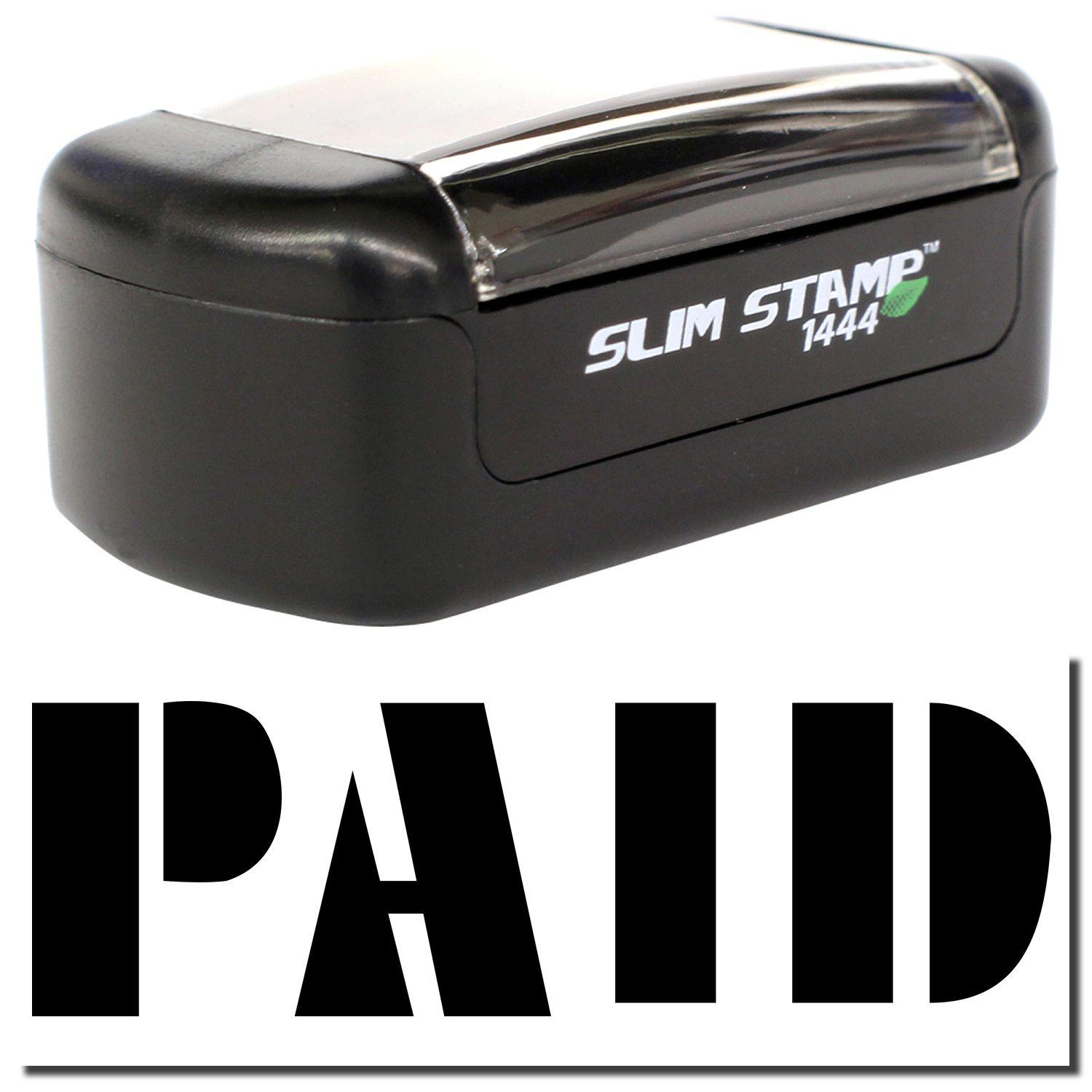 A stock office pre-inked stamp with a stamped image showing how the text PAID in bold font is displayed after stamping.