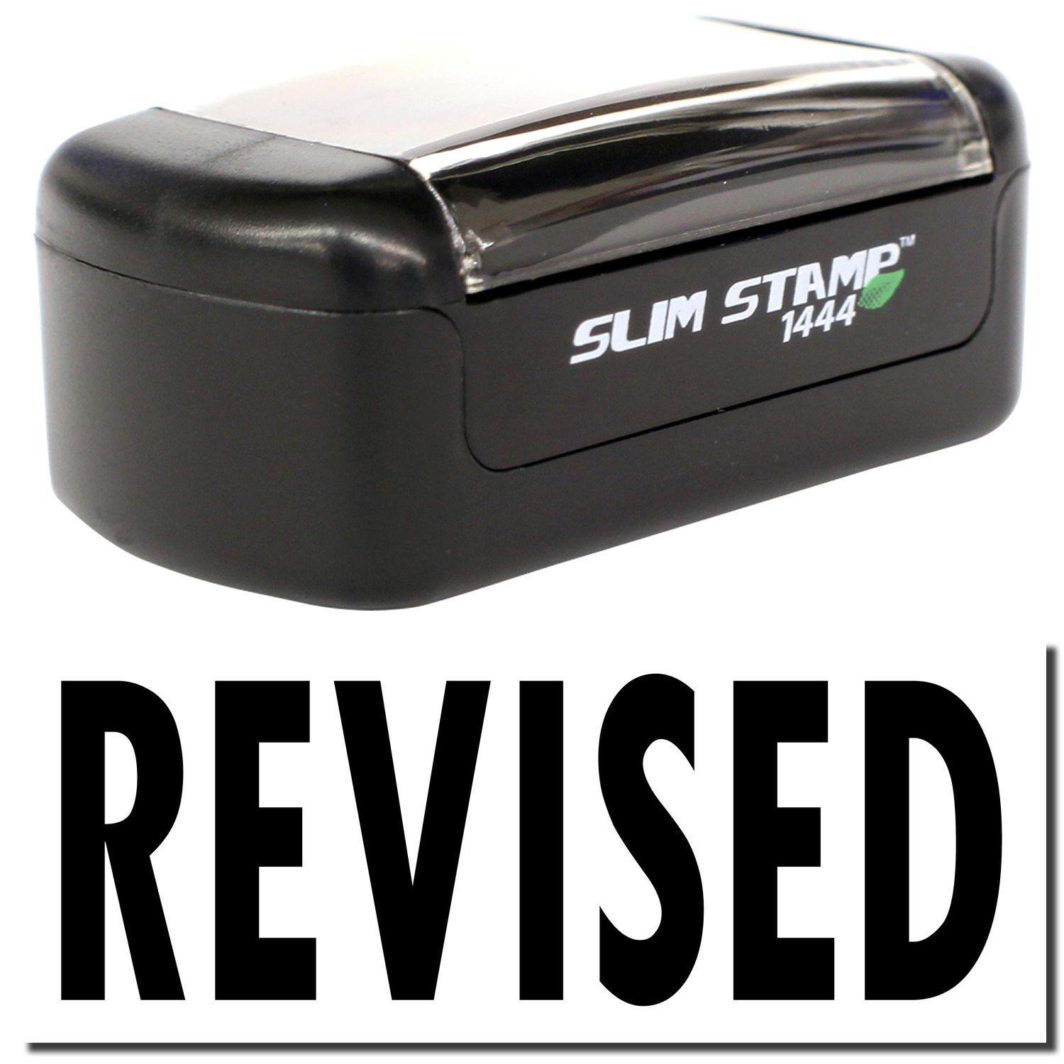 Slim Pre-Inked Bold Revised Stamp in black, showing the word REVISED in large, bold letters below the compact stamp.