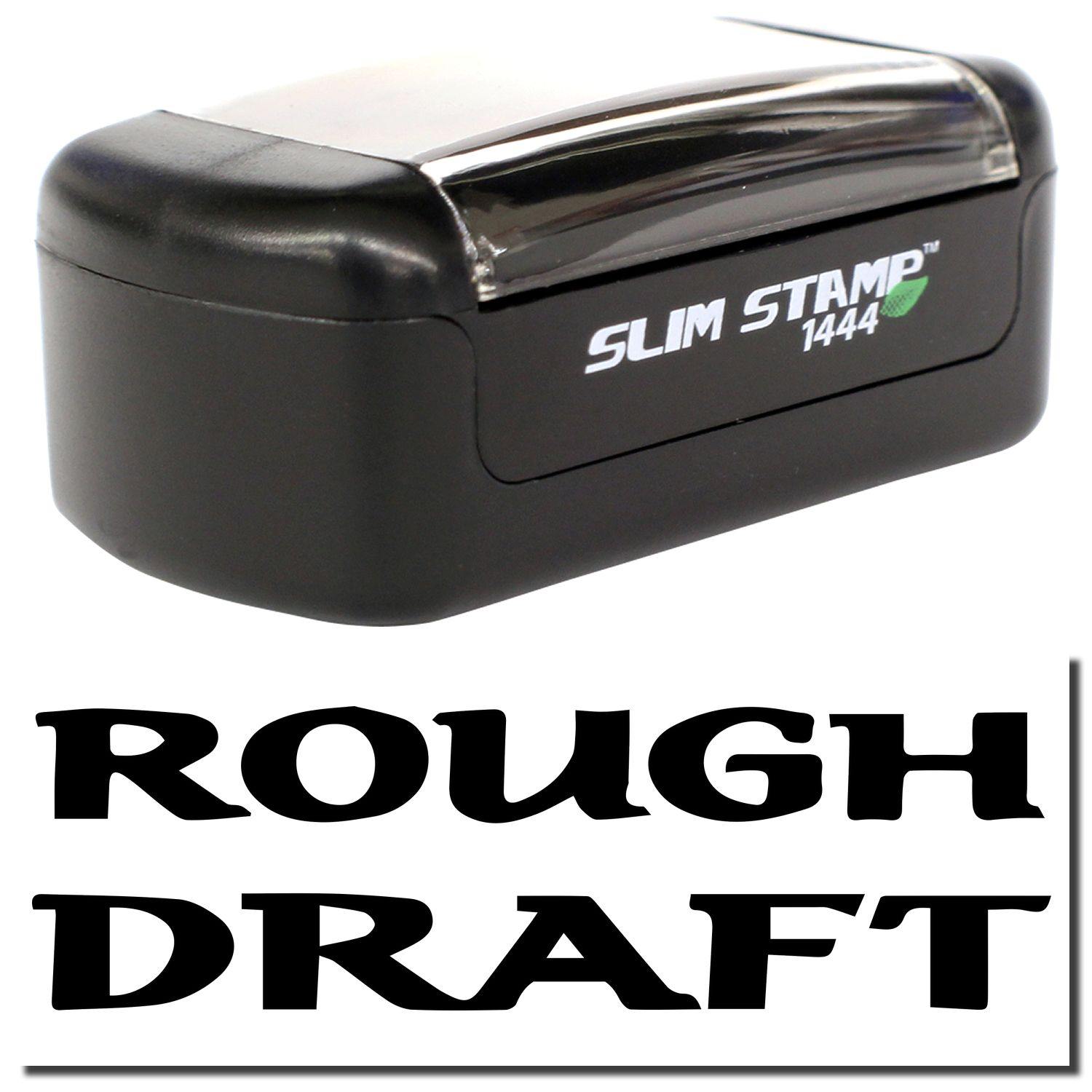 A stock office pre-inked stamp with a stamped image showing how the text ROUGH DRAFT in bold font is displayed after stamping.