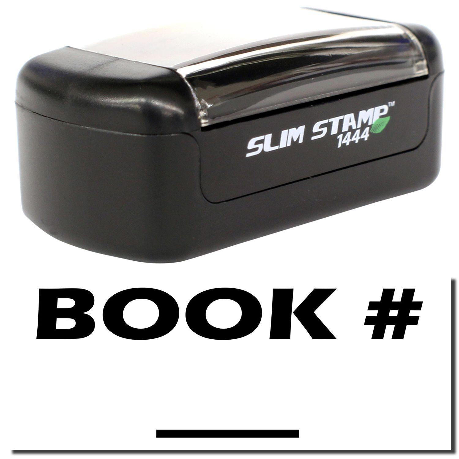 A stock office pre-inked stamp with a stamped image showing how the text BOOK with a hashtag sign (#) and a line under the text is displayed after stamping.