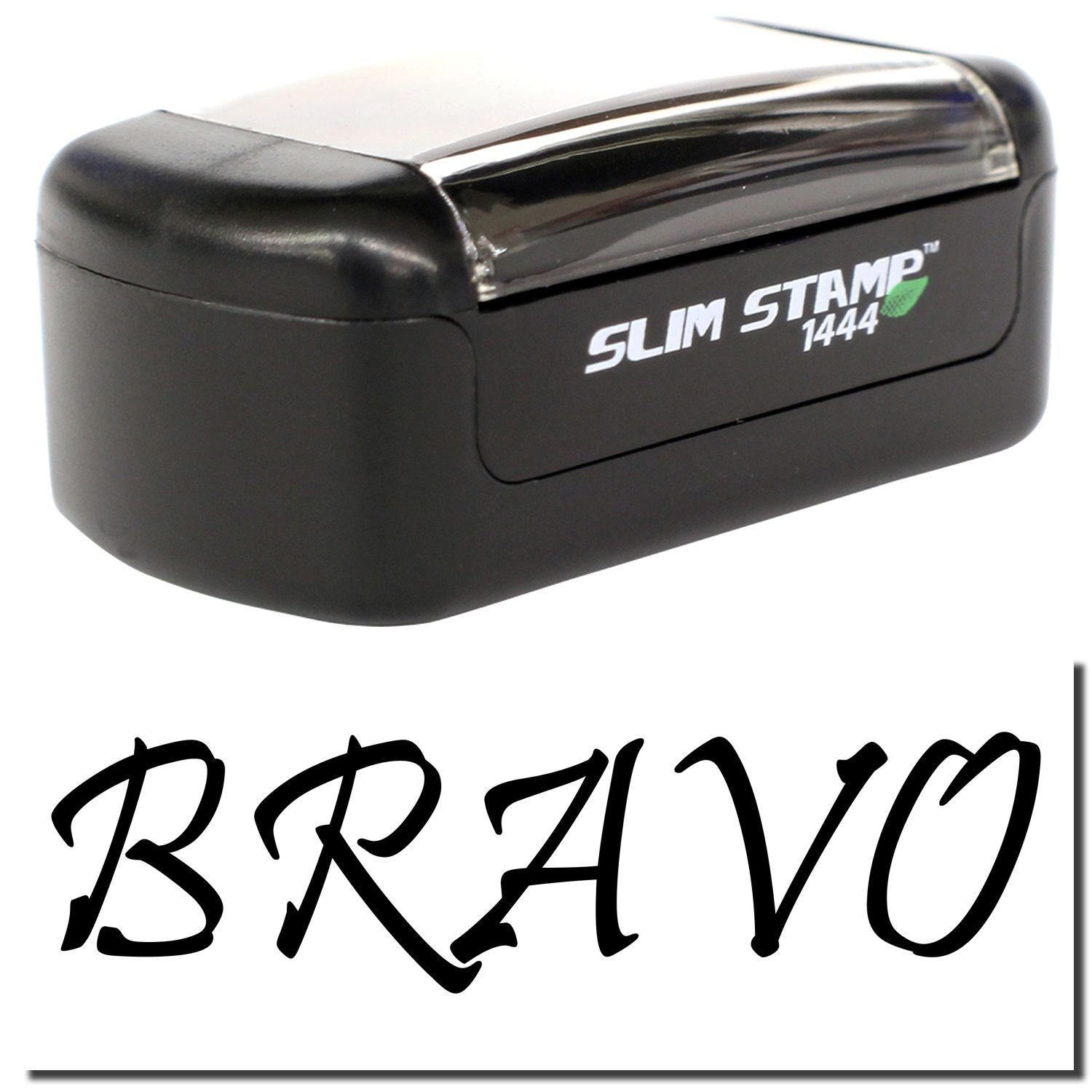 A stock office pre-inked stamp with a stamped image showing how the text BRAVO is displayed after stamping.