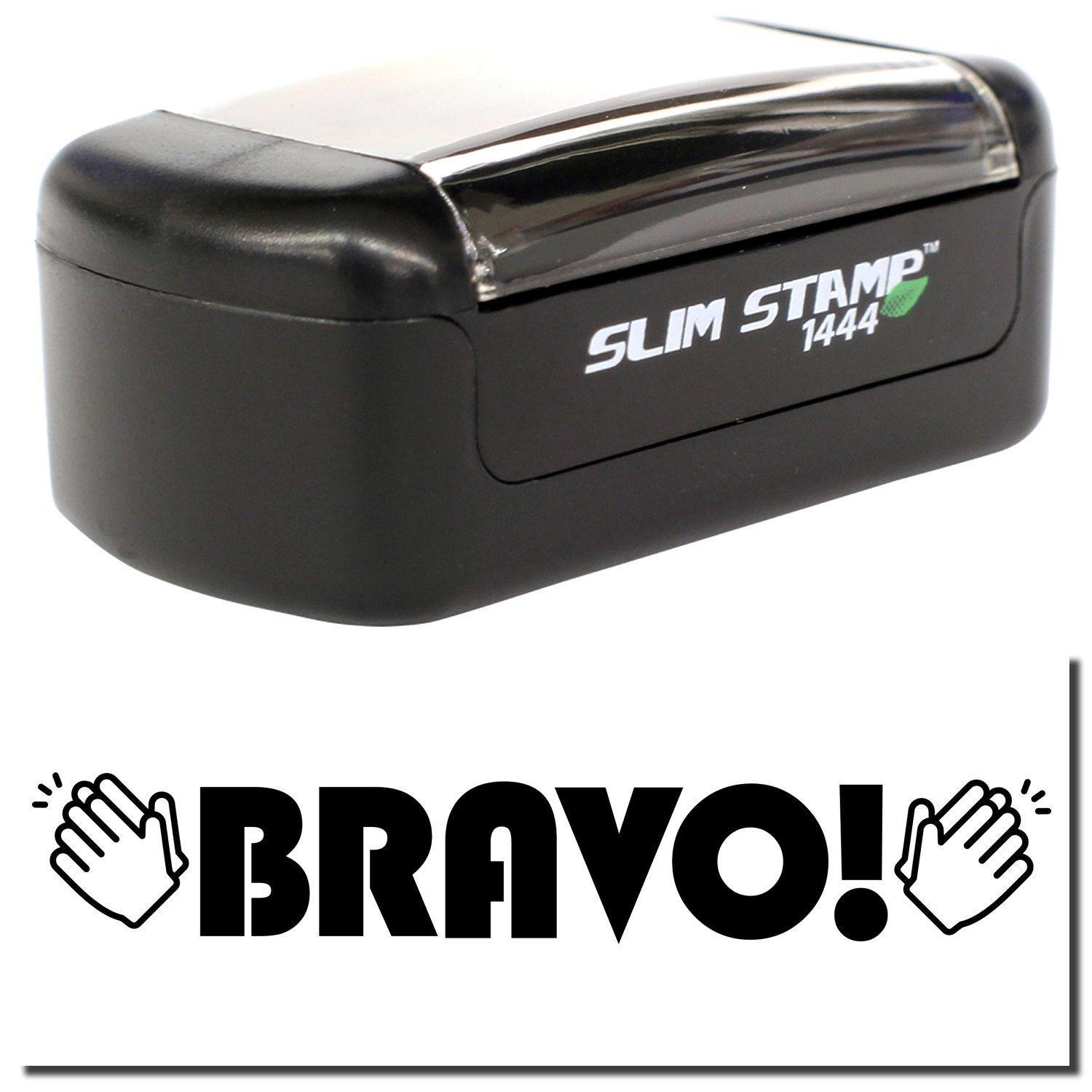 A stock office pre-inked stamp with a stamped image showing how the text BRAVO! with clapping hands on both sides of the text is displayed after stamping.