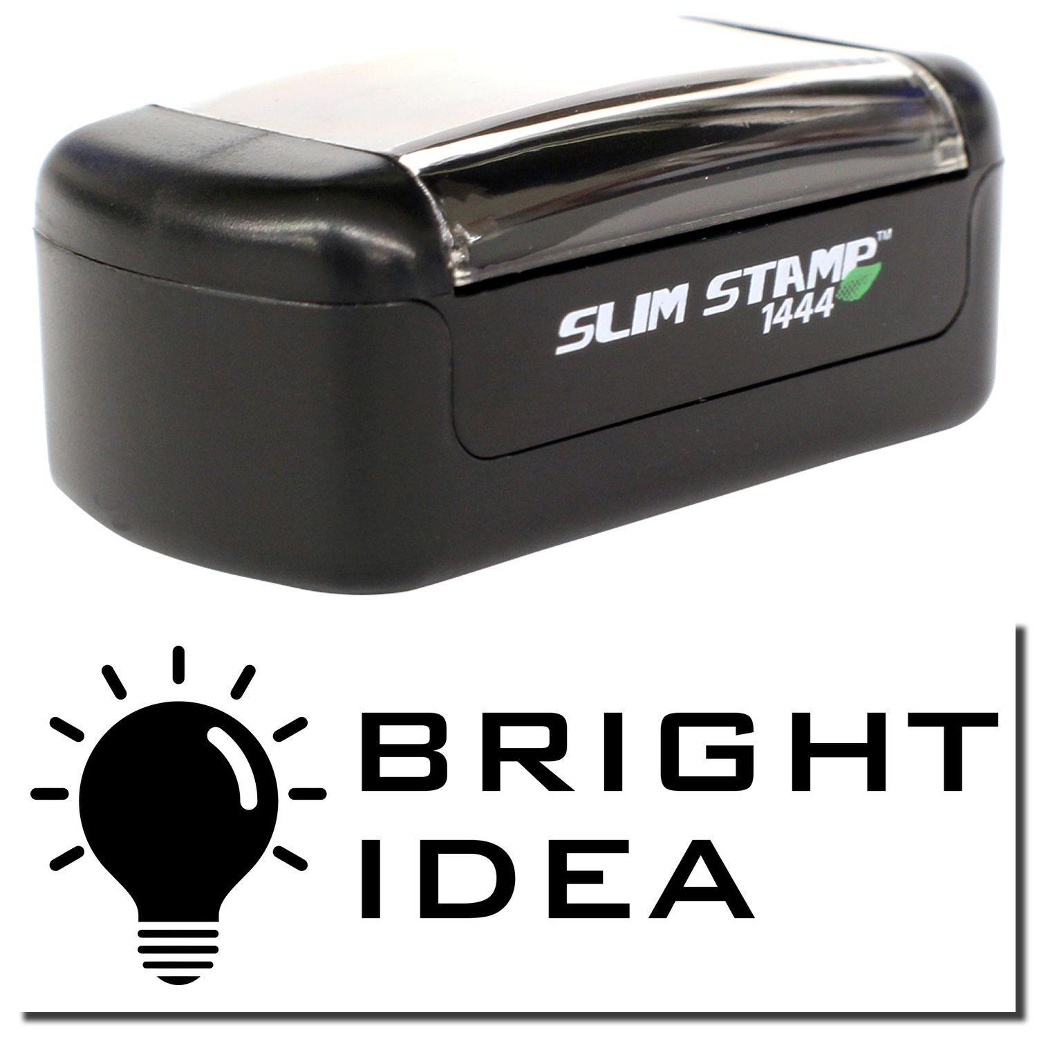 A stock office pre-inked stamp with a stamped image showing how the text BRIGHT IDEA in a tech-style font with an image of a bright lightbulb on the left is displayed after stamping.