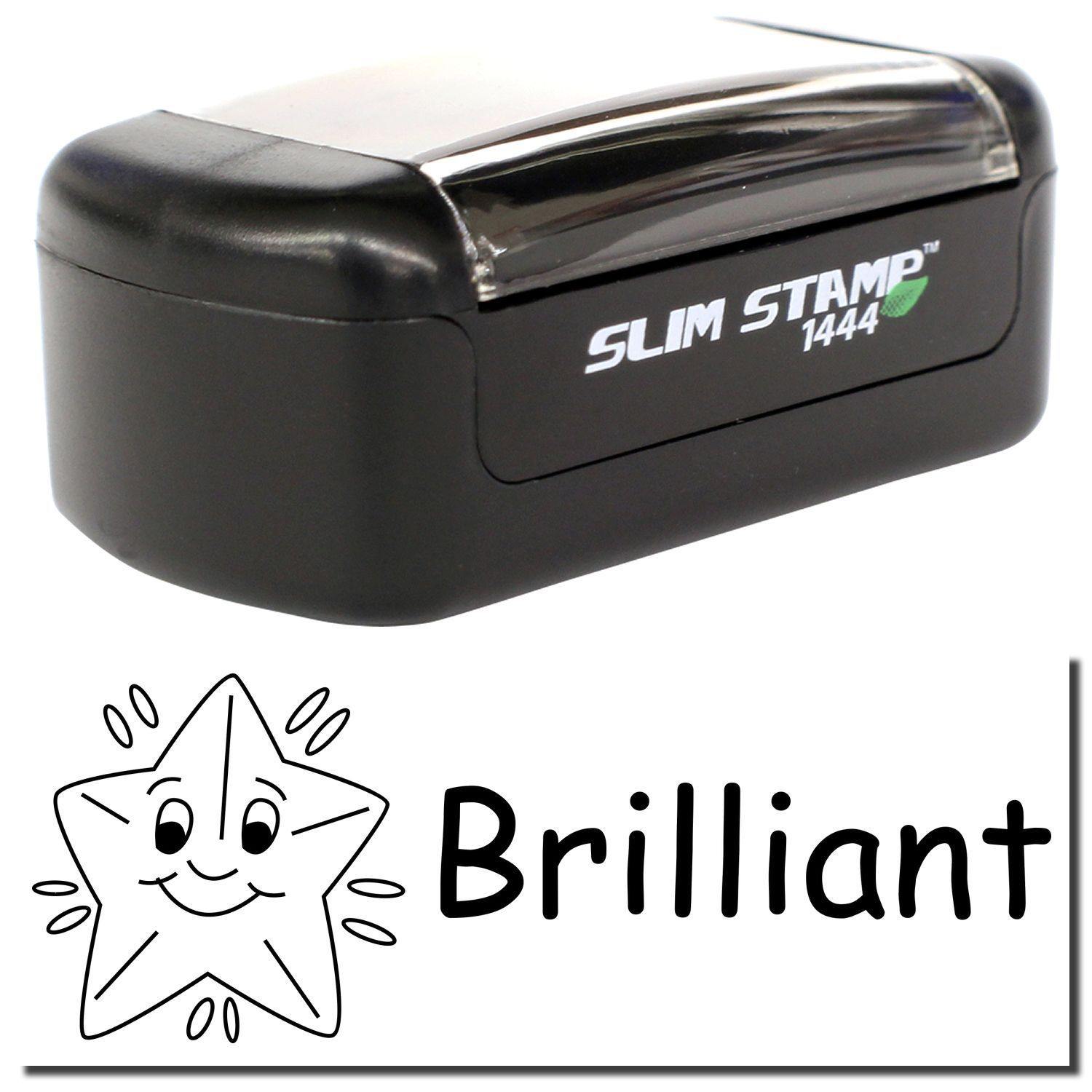 A stock office pre-inked stamp with a stamped image showing how the text Brilliant with a graphic of a smiling shining star on the left is displayed after stamping.