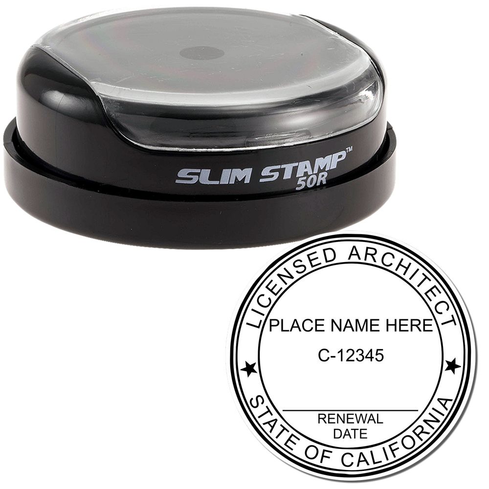 The main image for the Slim Pre-Inked California Architect Seal Stamp depicting a sample of the imprint and electronic files