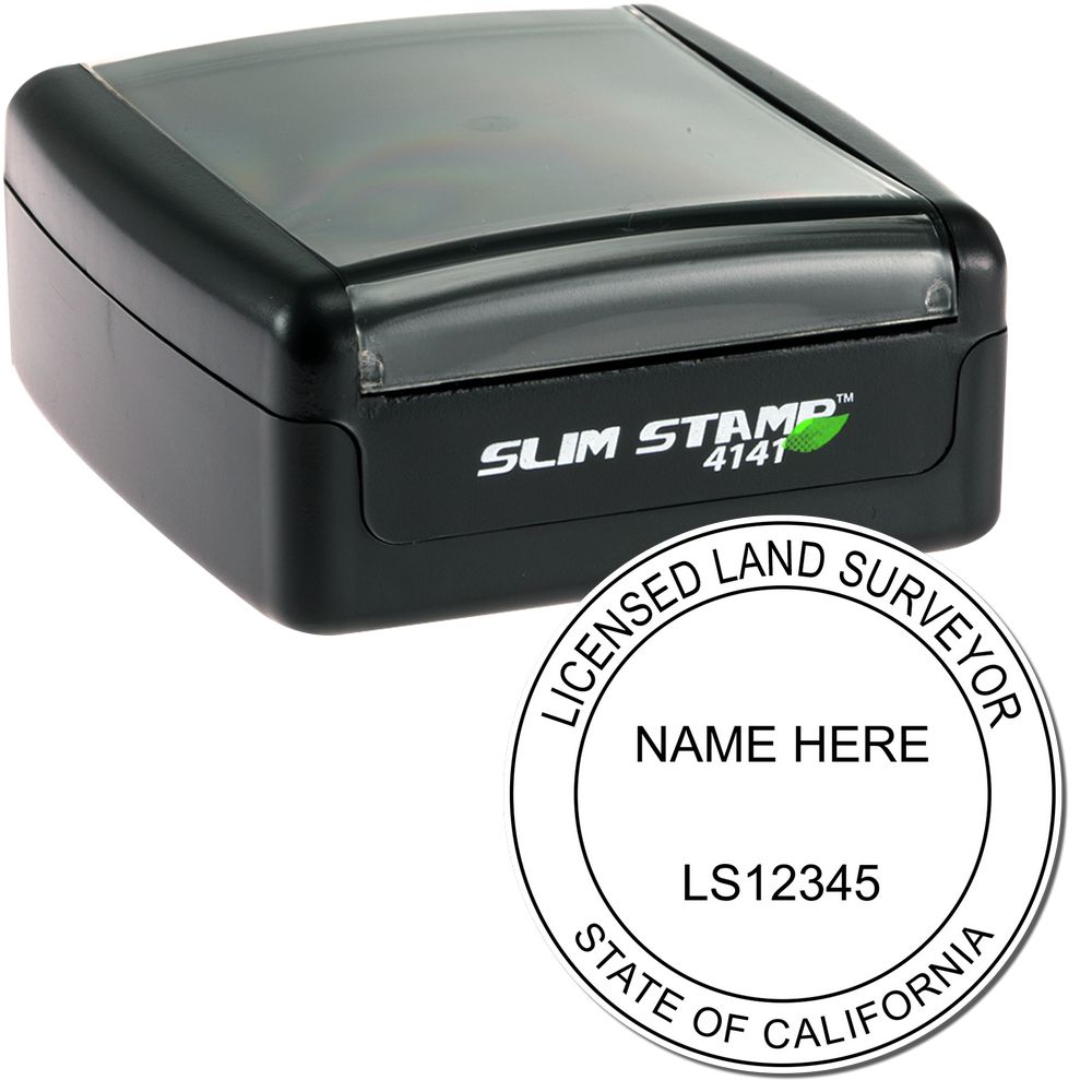 The main image for the Slim Pre-Inked California Land Surveyor Seal Stamp depicting a sample of the imprint and electronic files