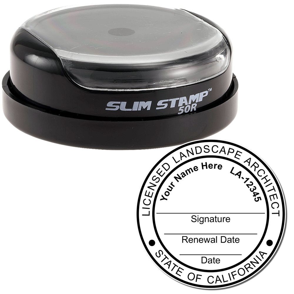 The main image for the Slim Pre-Inked California Landscape Architect Seal Stamp depicting a sample of the imprint and electronic files