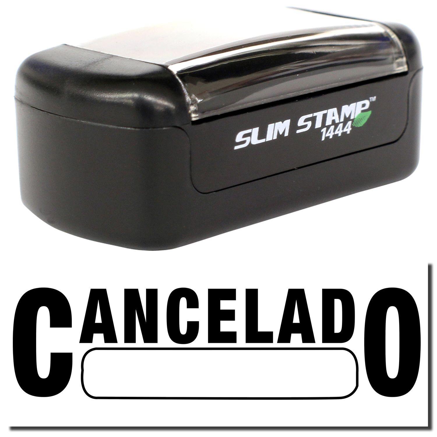 A stock office pre-inked stamp with a stamped image showing how the text CANCELADO with a box is displayed after stamping.