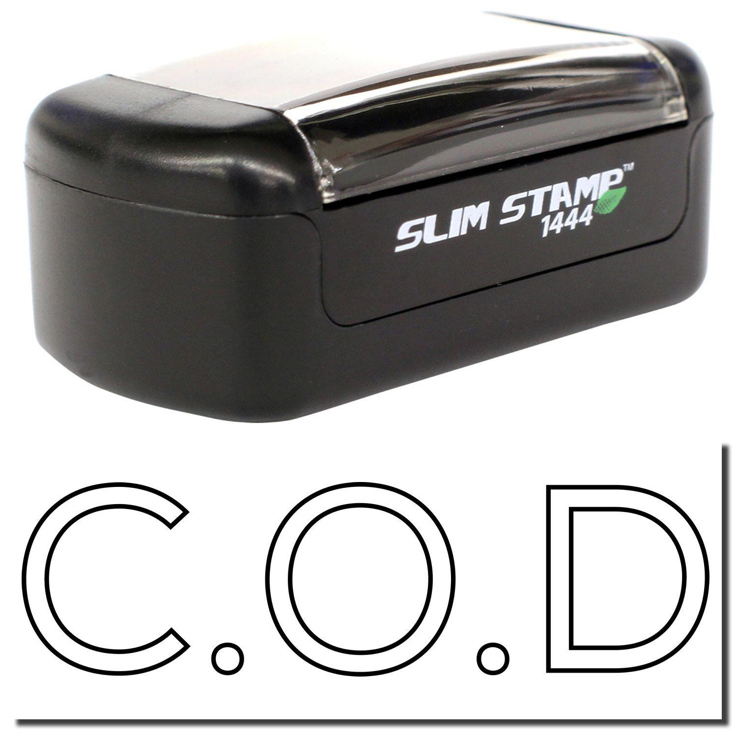 A stock office pre-inked stamp with a stamped image showing how the text C.O.D in an outline style is displayed after stamping.