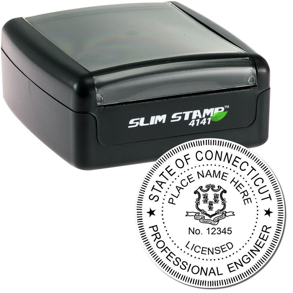 The main image for the Slim Pre-Inked Connecticut Professional Engineer Seal Stamp depicting a sample of the imprint and electronic files