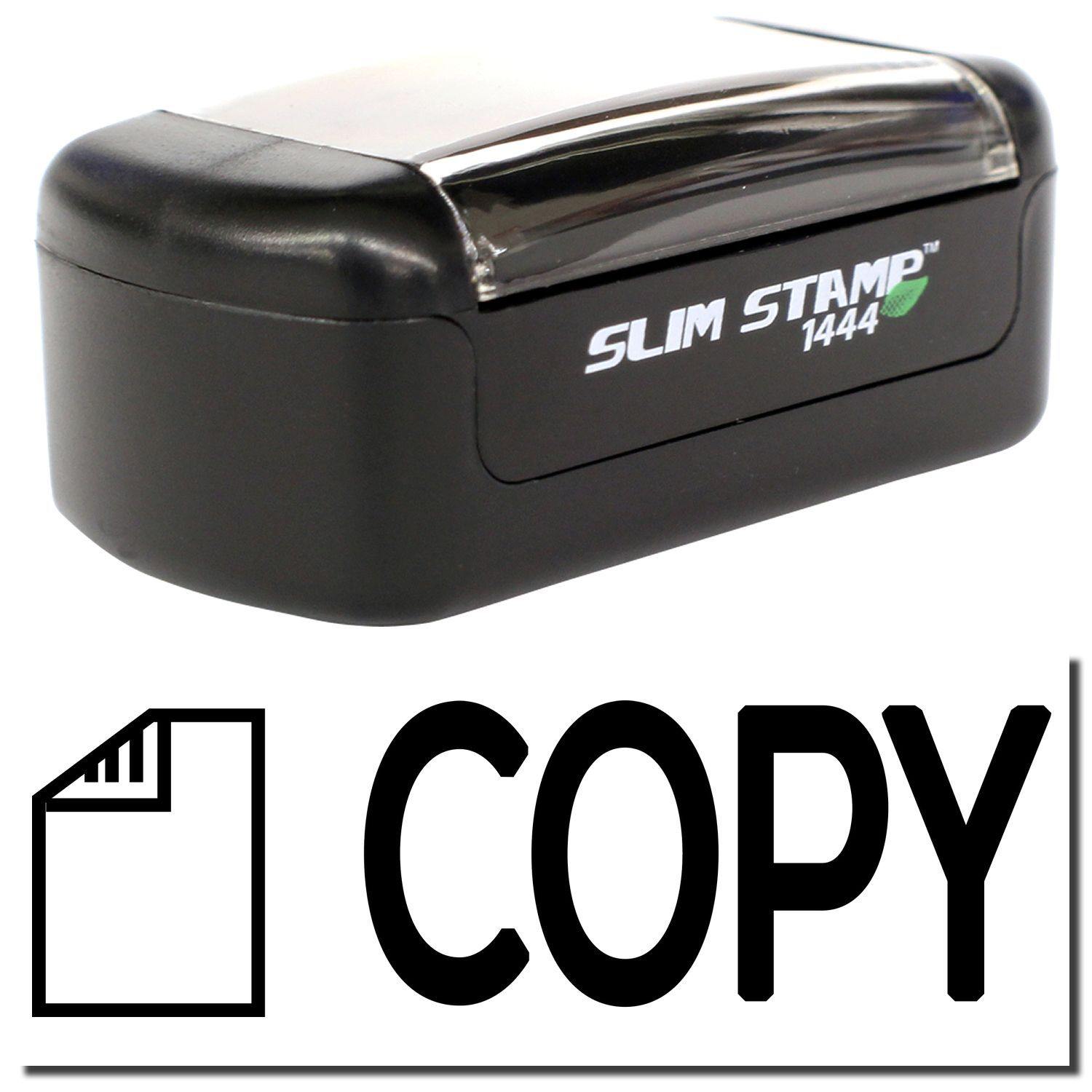 A stock office pre-inked stamp with a stamped image showing how the text COPY in a bold font and a small image of a letter on the left is displayed after stamping.