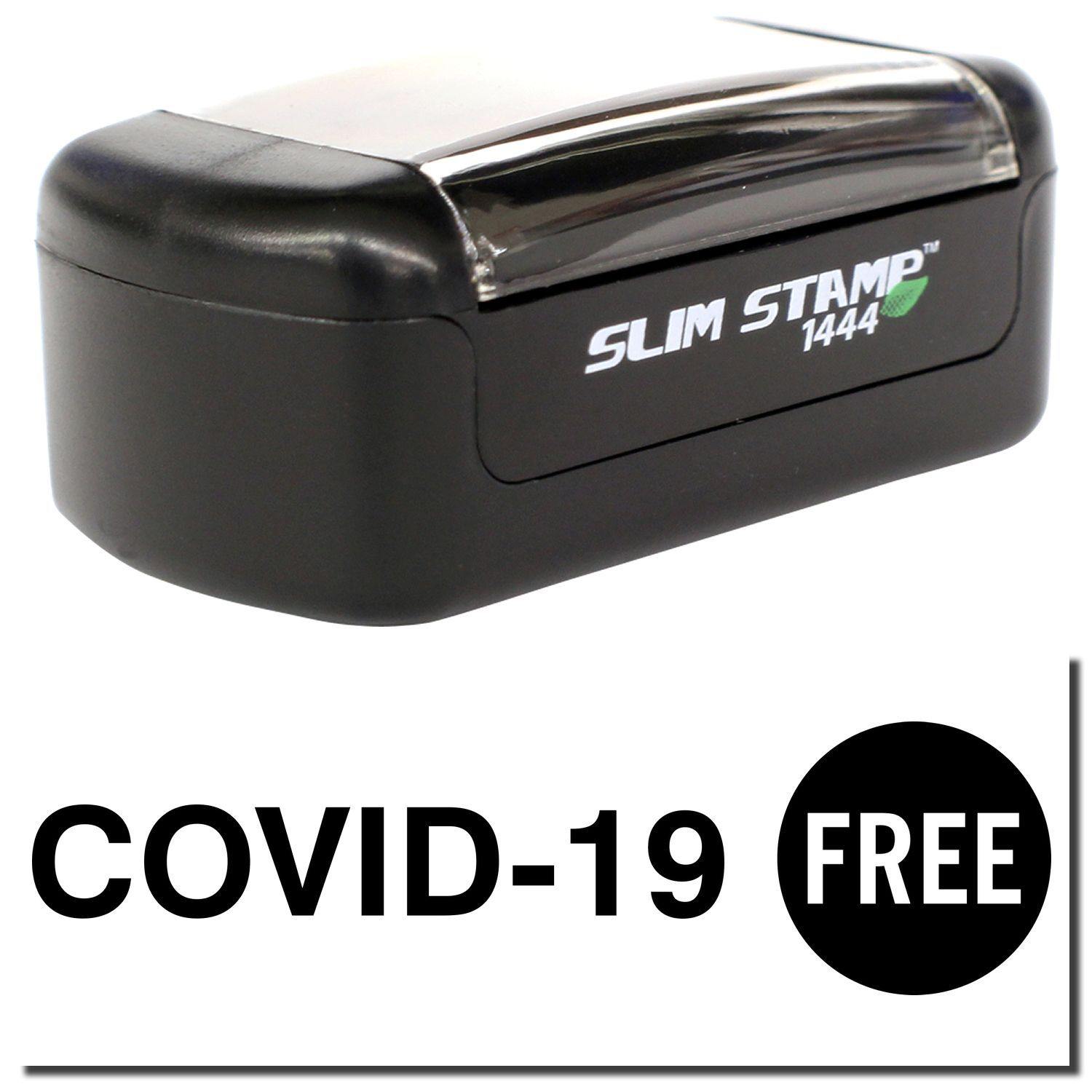 A stock office pre-inked stamp with a stamped image showing how the text COVID-19 FREE is displayed after stamping.