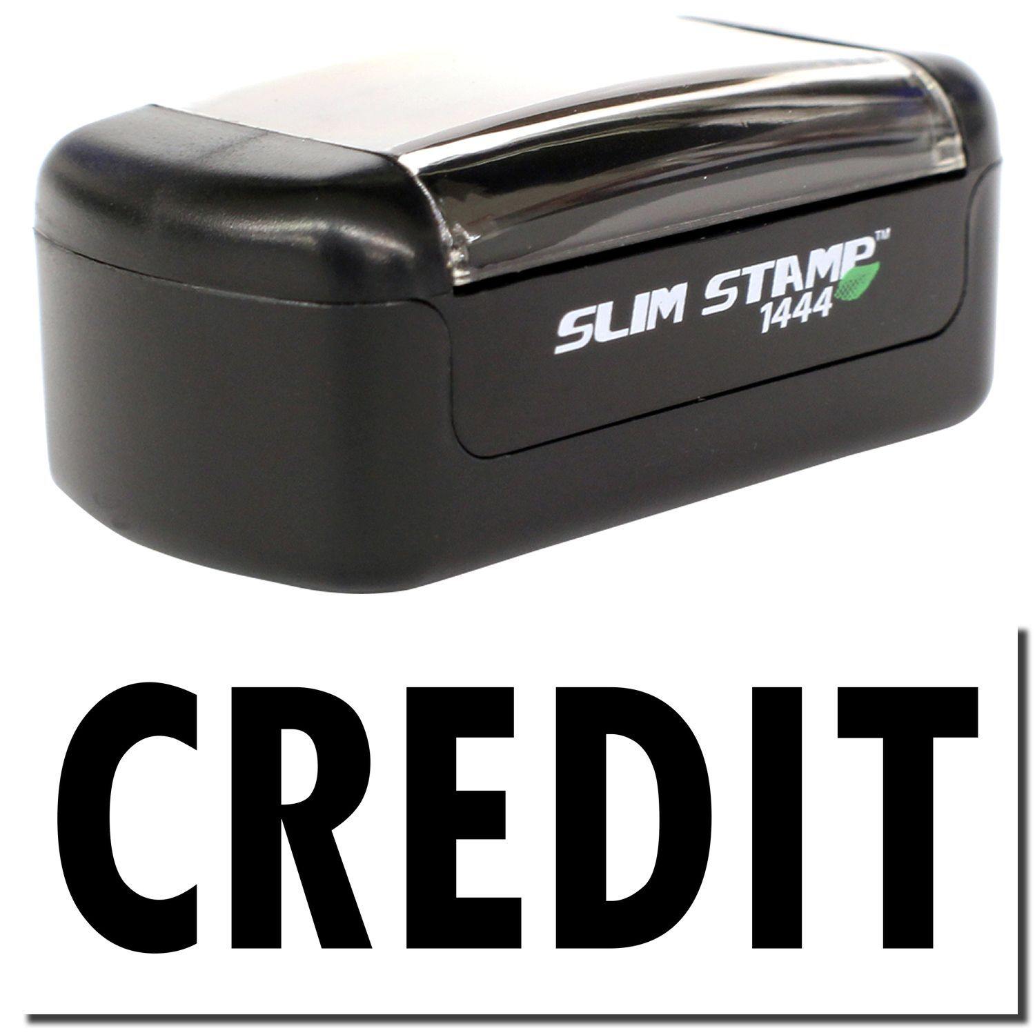 A stock office pre-inked stamp with a stamped image showing how the text CREDIT is displayed after stamping.