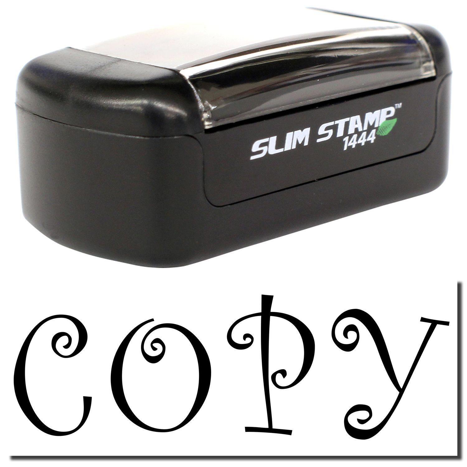 A stock office pre-inked stamp with a stamped image showing how the text COPY in a curly font is displayed after stamping.