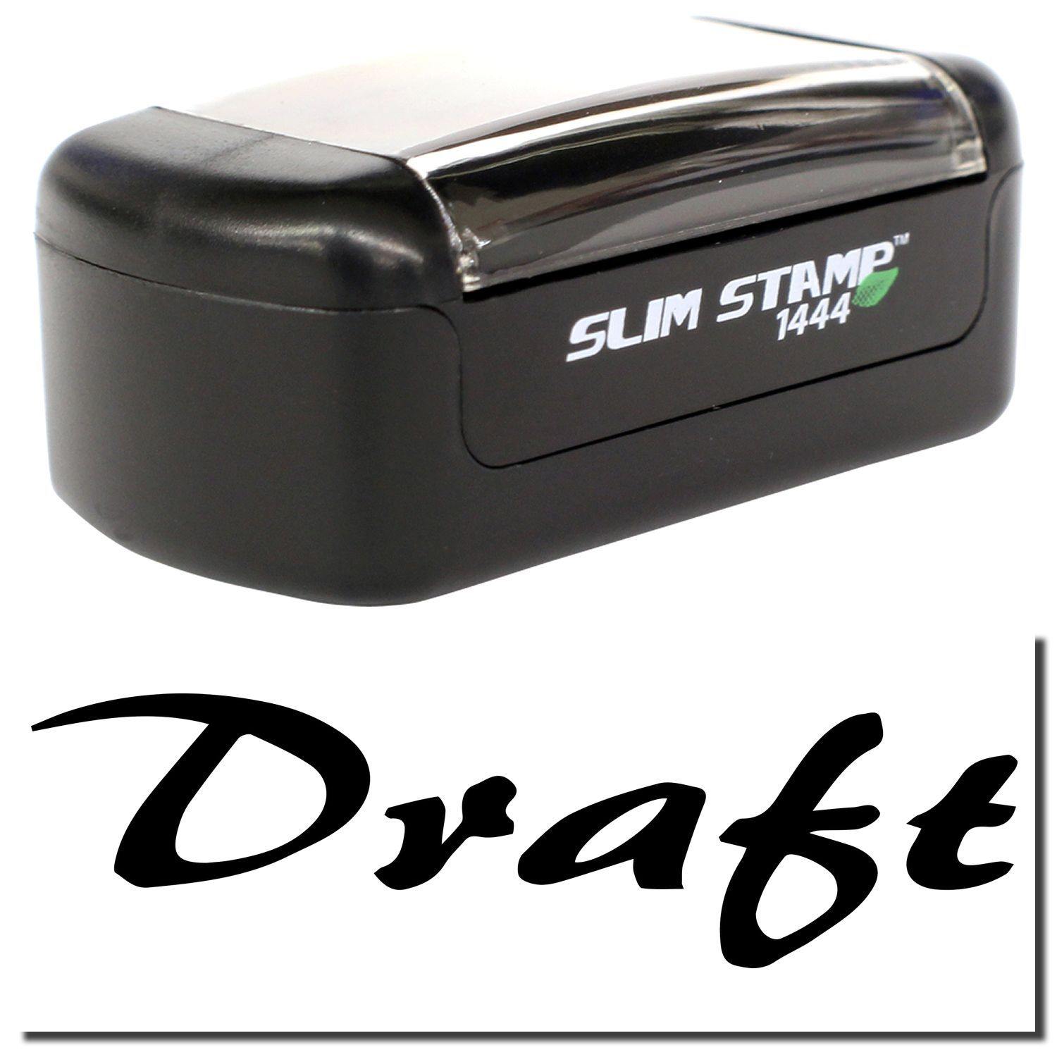 A stock office pre-inked stamp with a stamped image showing how the text Draft in a cursive font is displayed after stamping.