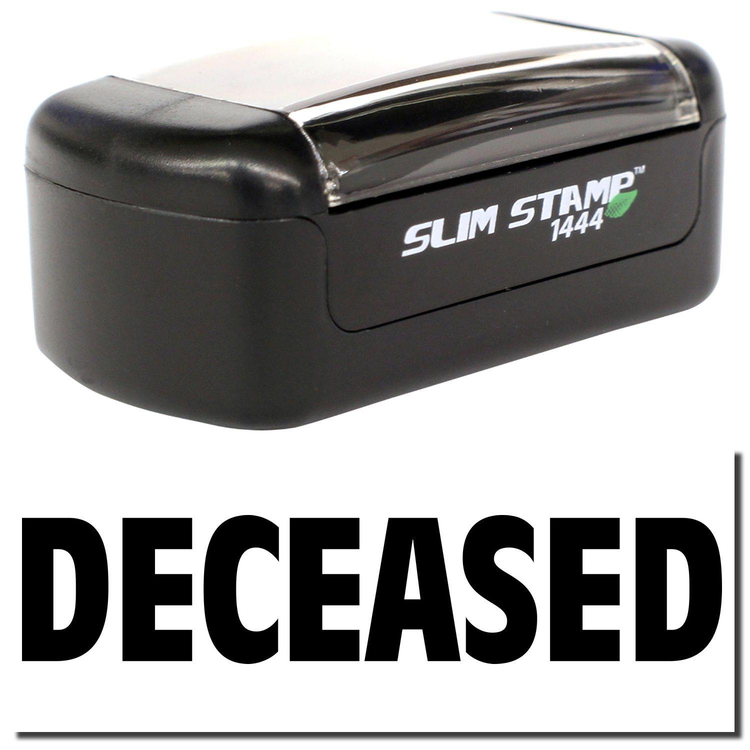 A stock office pre-inked stamp with a stamped image showing how the text DECEASED is displayed after stamping.