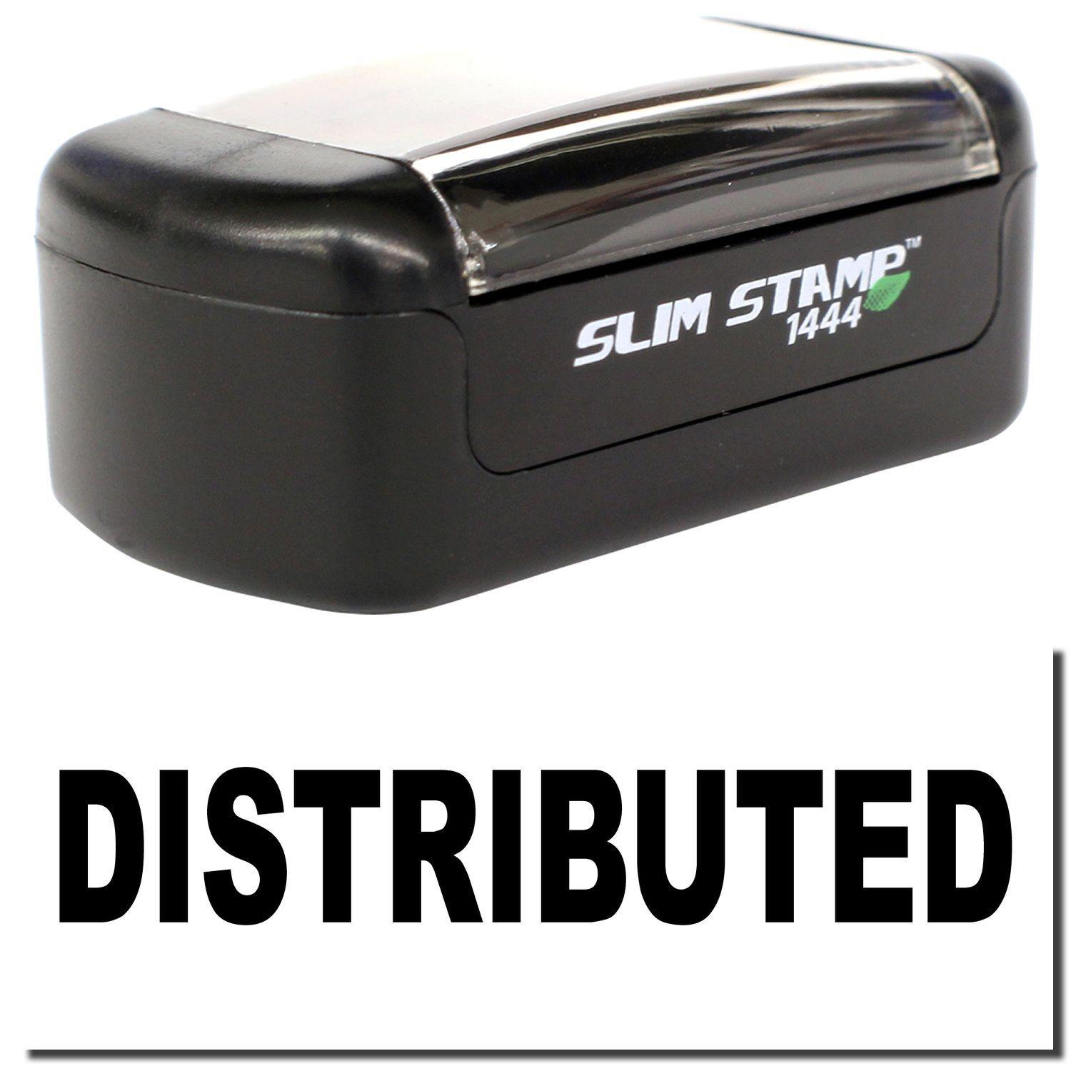 A stock office pre-inked stamp with a stamped image showing how the text DISTRIBUTED is displayed after stamping.