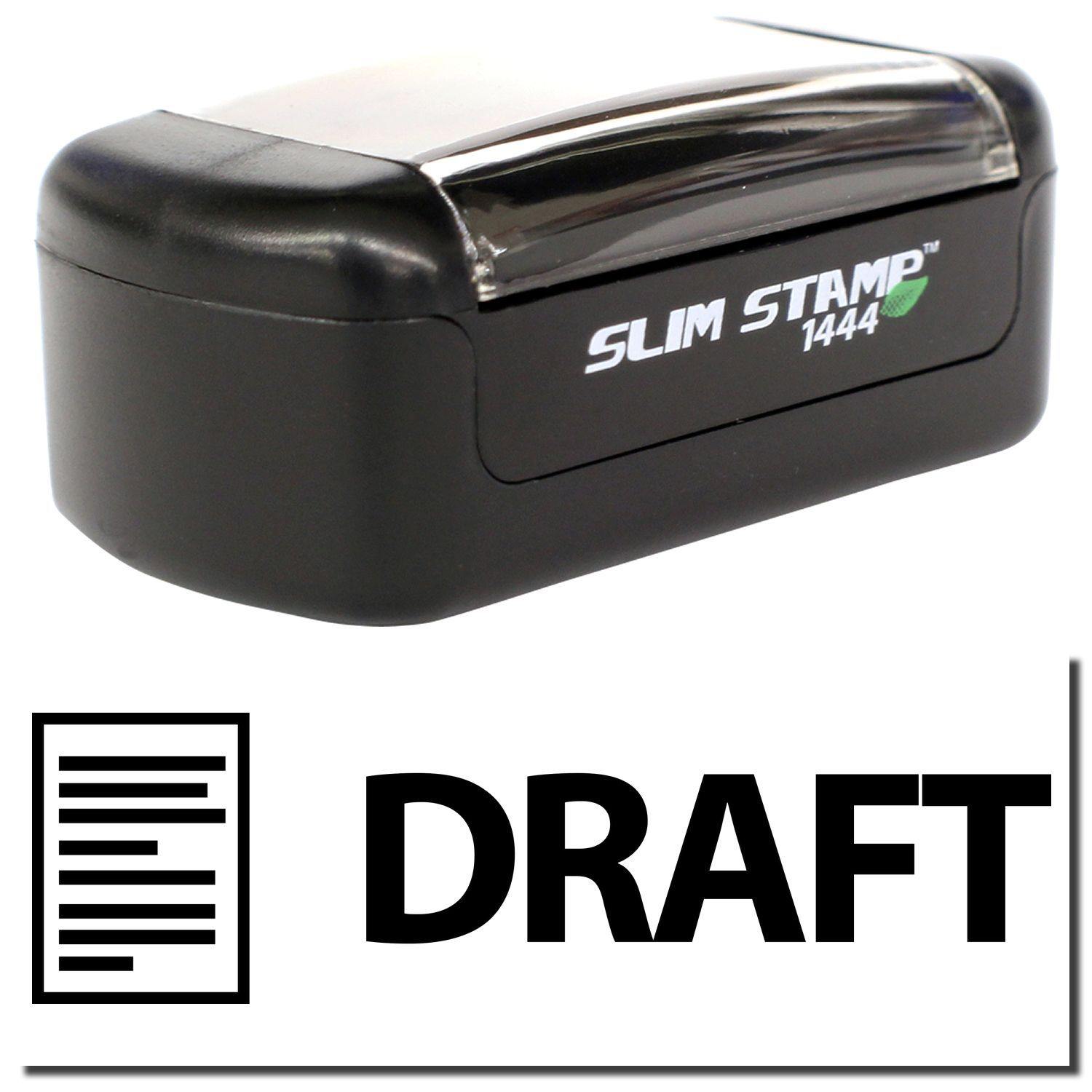 A stock office pre-inked stamp with a stamped image showing how the text DRAFT with an image of a letter on the left side is displayed after stamping.