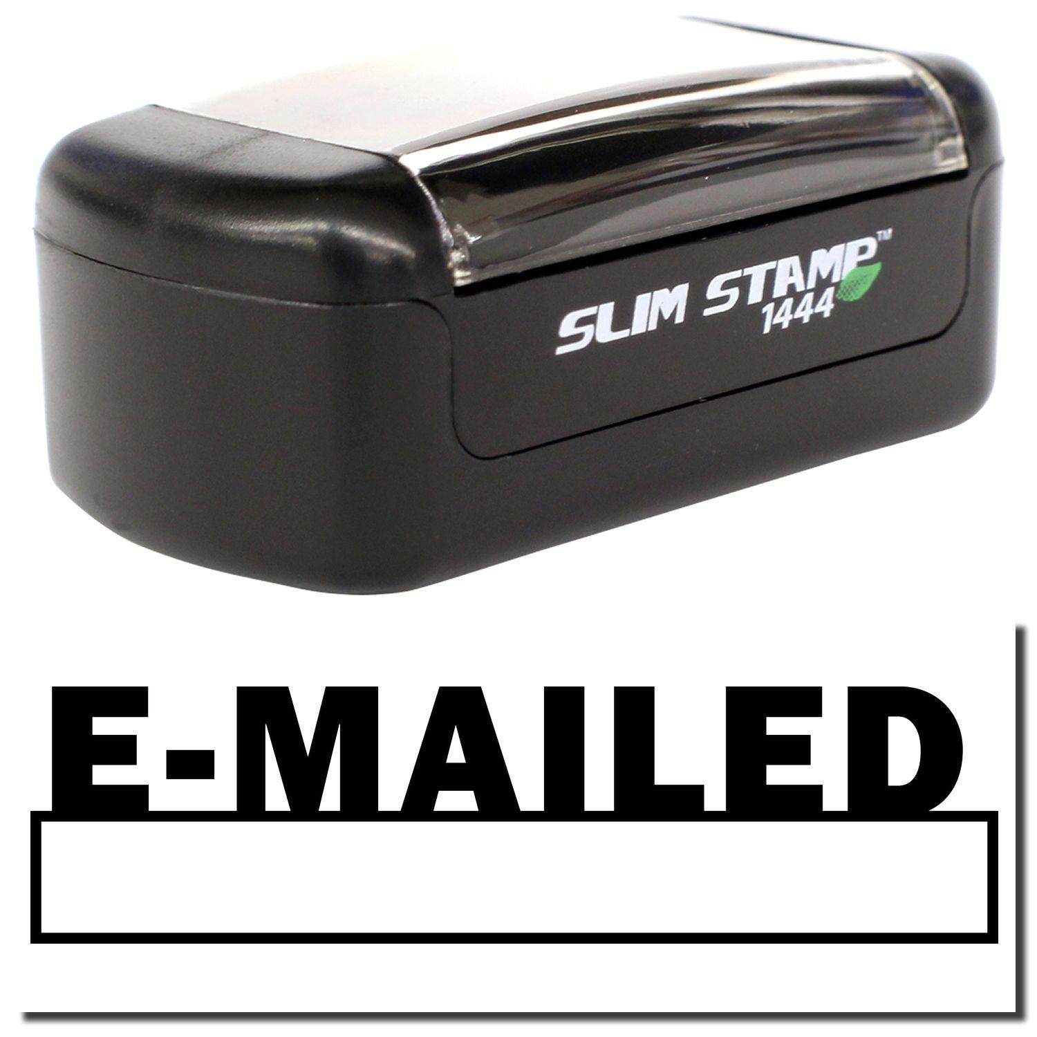 A stock office pre-inked stamp with a stamped image showing how the text E-MAILED with a date box underneath the text is displayed after stamping.