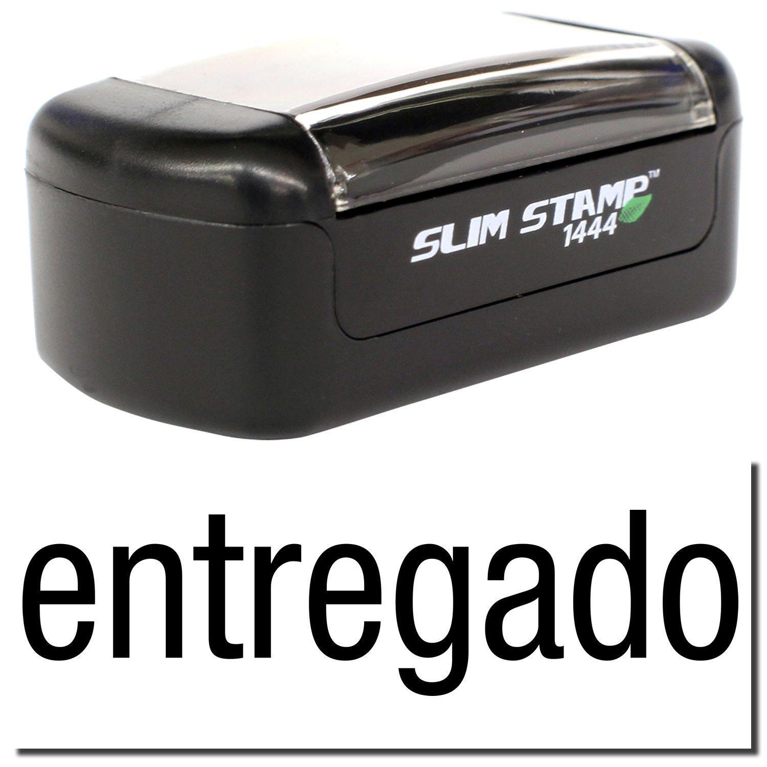 A stock office pre-inked stamp with a stamped image showing how the text entregado is displayed after stamping.