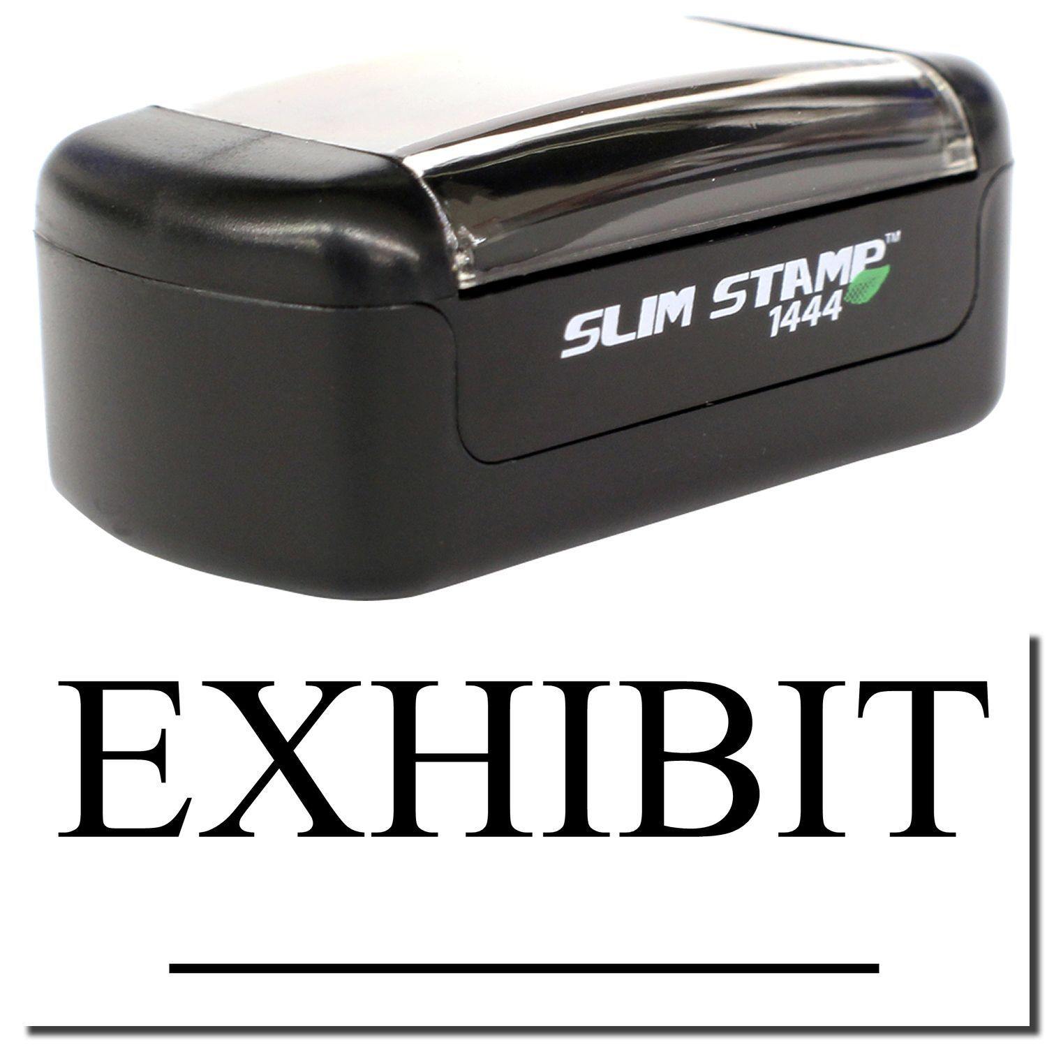 A stock office pre-inked stamp with a stamped image showing how the text EXHIBIT with a line underneath the text is displayed after stamping.