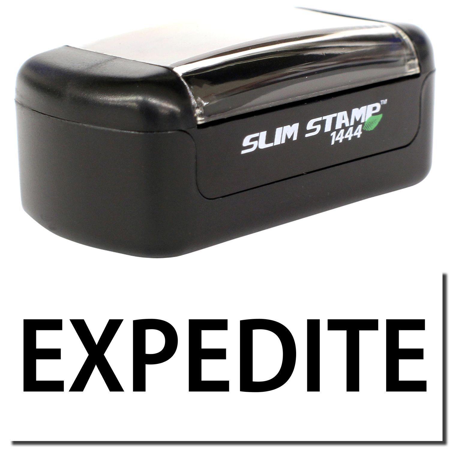 A stock office pre-inked stamp with a stamped image showing how the text EXPEDITE is displayed after stamping.