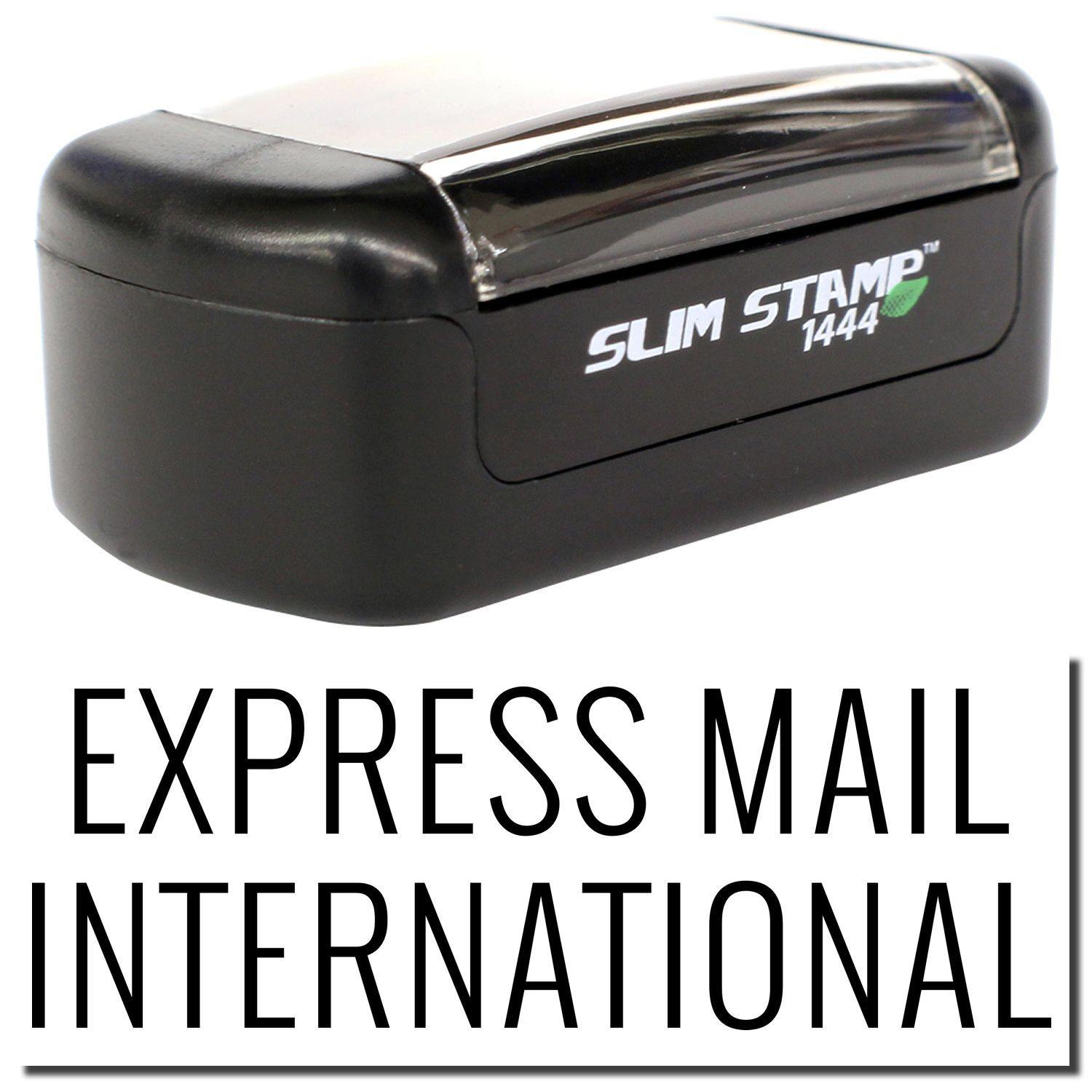 A stock office pre-inked stamp with a stamped image showing how the text EXPRESS MAIL INTERNATIONAL is displayed after stamping.